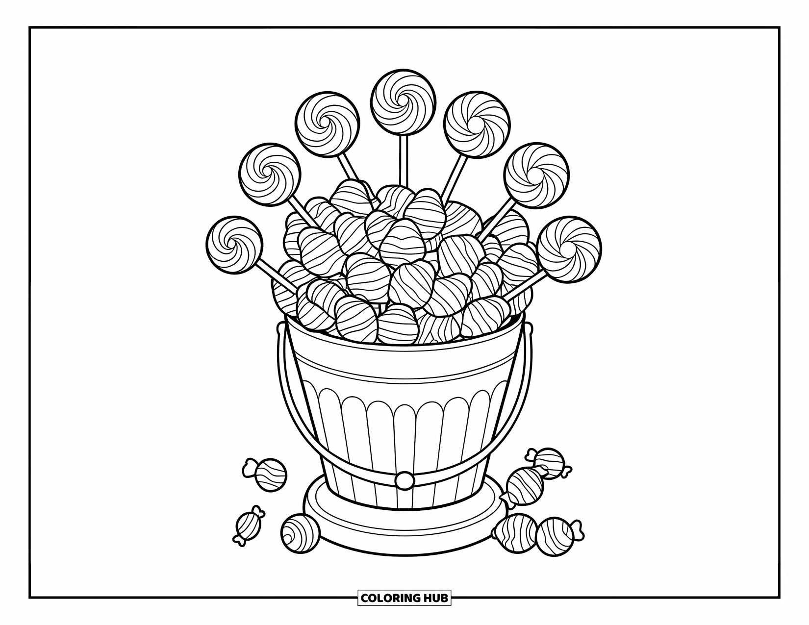 Vintage Halloween Coloring Page for Kids: Bucket of spiral lollipops and striped taffies rests on a wooden base