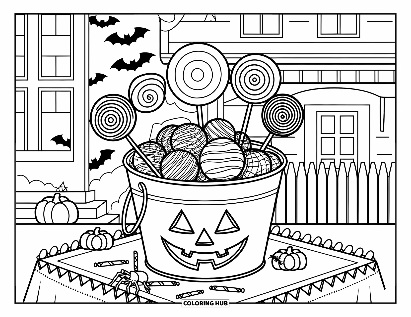 Vintage Halloween Coloring Page for Kids: Candy spills from a bucket on a table near spiders and pumpkins