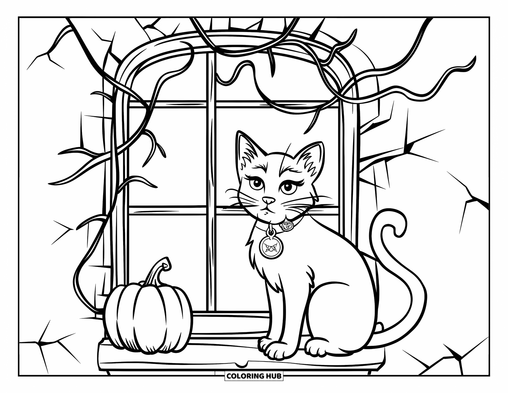 Vintage Halloween Coloring Page for Kids: Cat with vintage tags rests by a cracked wall and pumpkin-filled windowsill