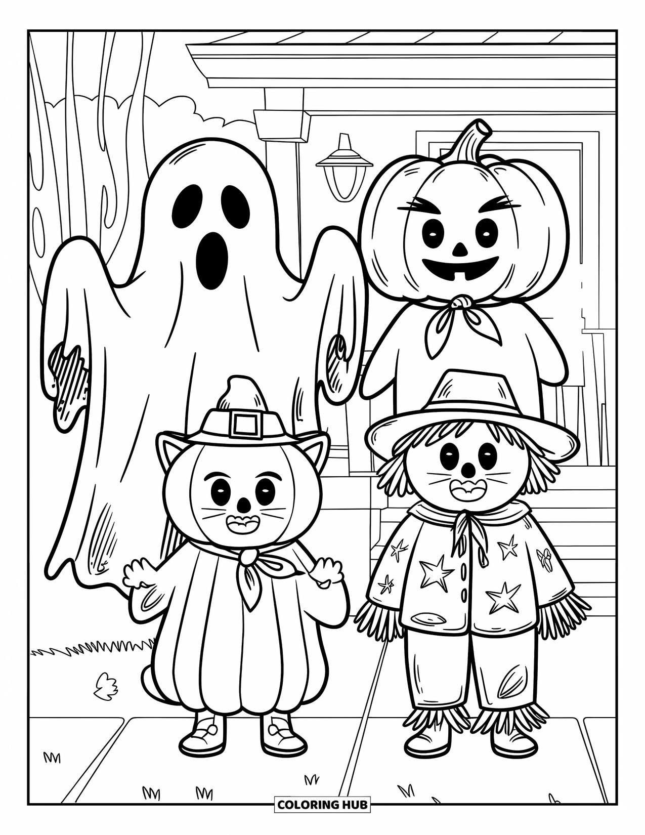 Vintage Halloween Coloring Page for Kids: Four kids dressed as a ghost, pumpkin, cat, and scarecrow trick-or-treat together