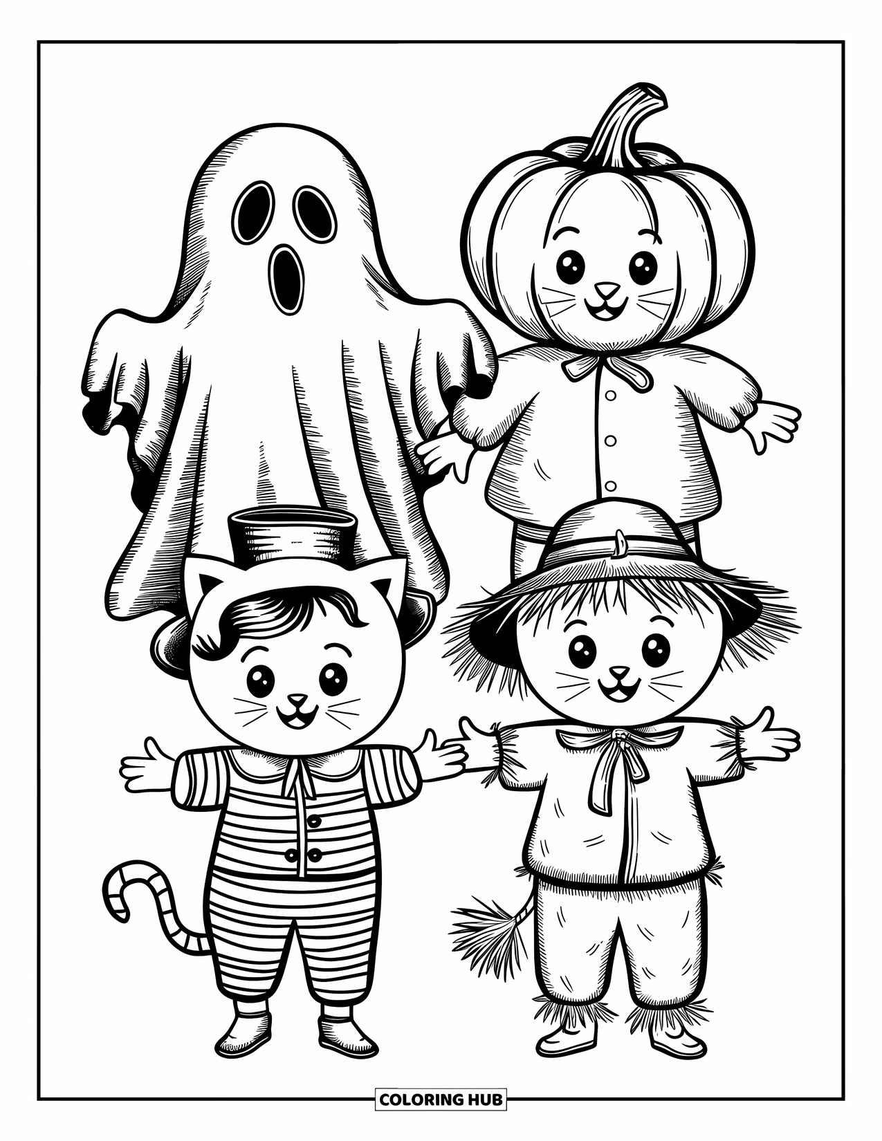 Vintage Halloween Coloring Page for Kids: Four kids in vintage costumes hold out hands for candy