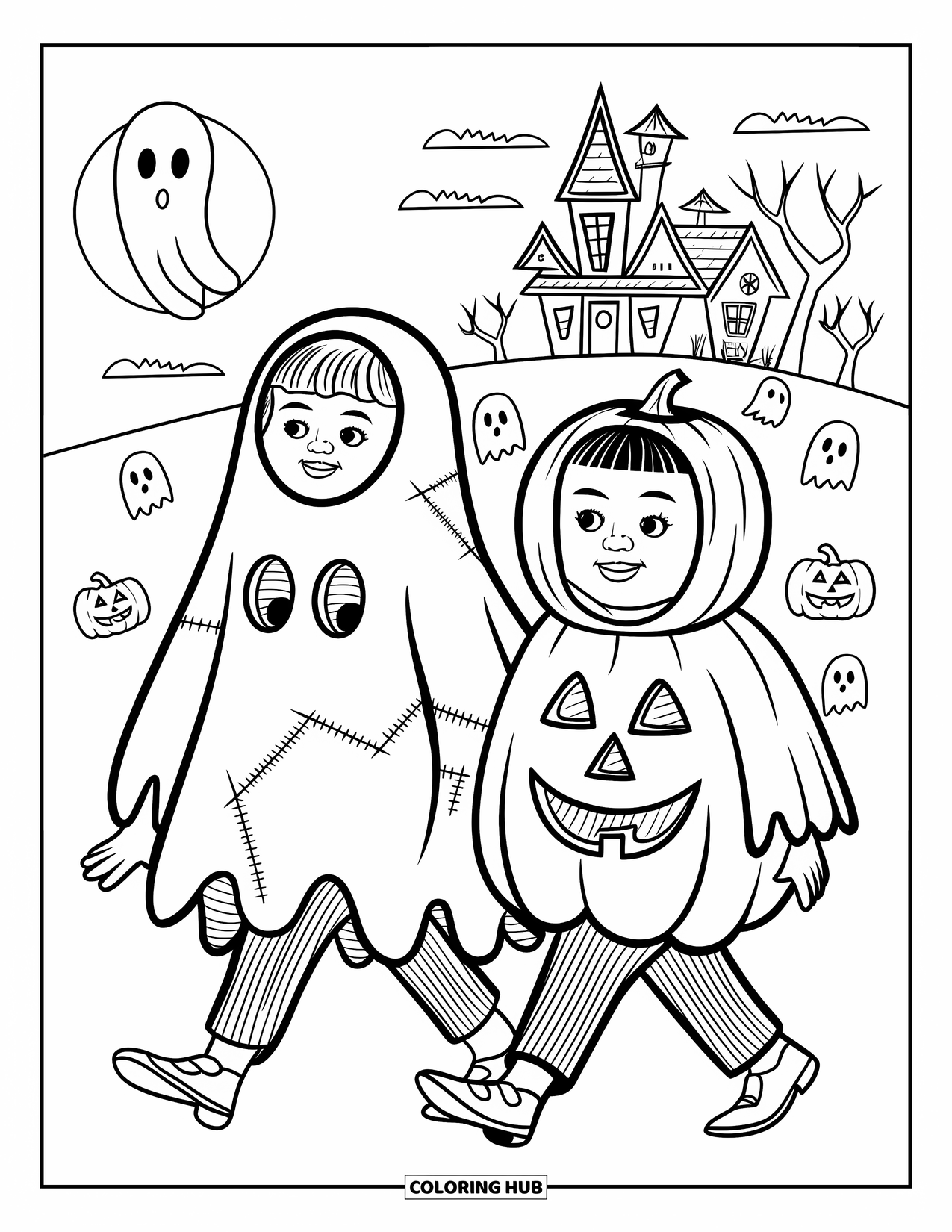 Vintage Halloween Coloring Page for Kids: Ghost and pumpkin kids walk past a haunted house with bats and pumpkins