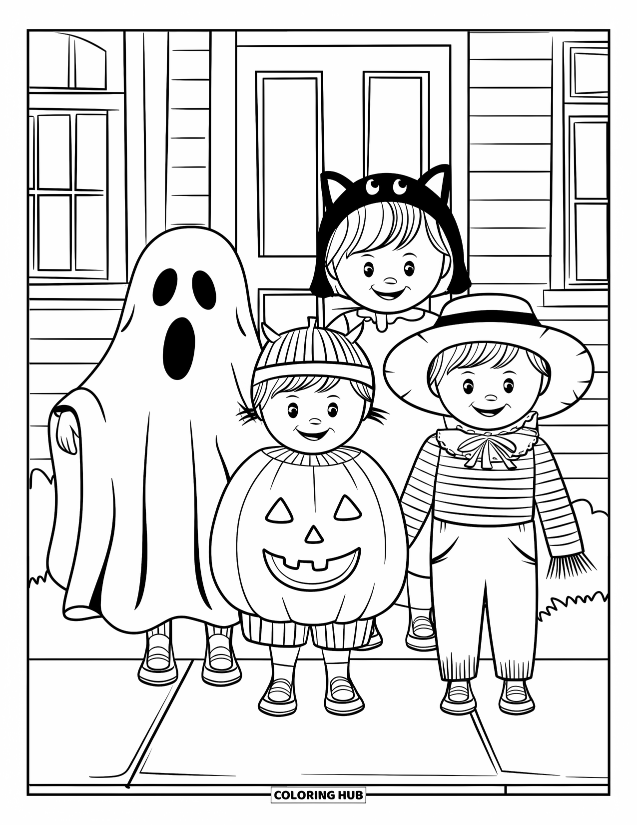 Vintage Halloween Coloring Page for Kids: Ghost, pumpkin, cat, and scarecrow kids stand outside a cozy house