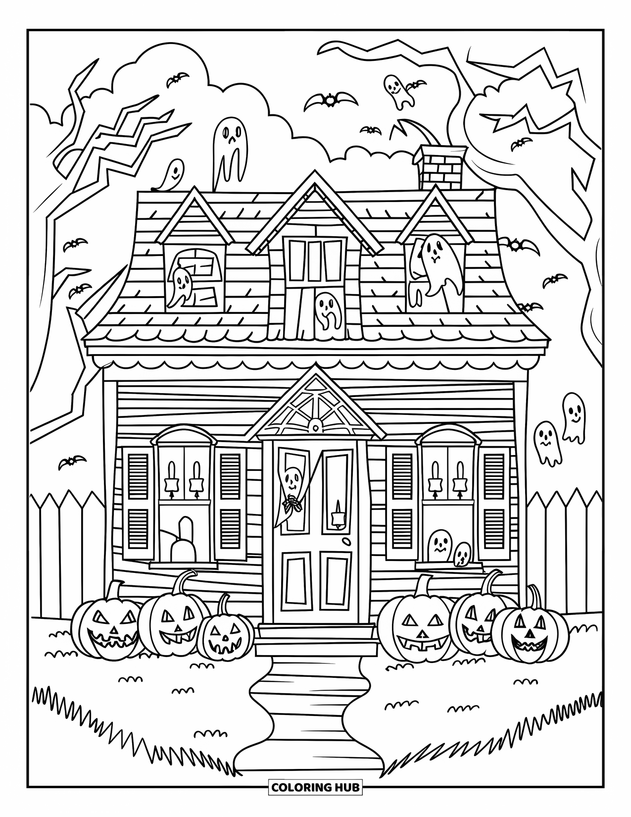 Vintage Halloween Coloring Page for Kids: Haunted house with ghostly trees and vintage windows sits under a cloudy sky