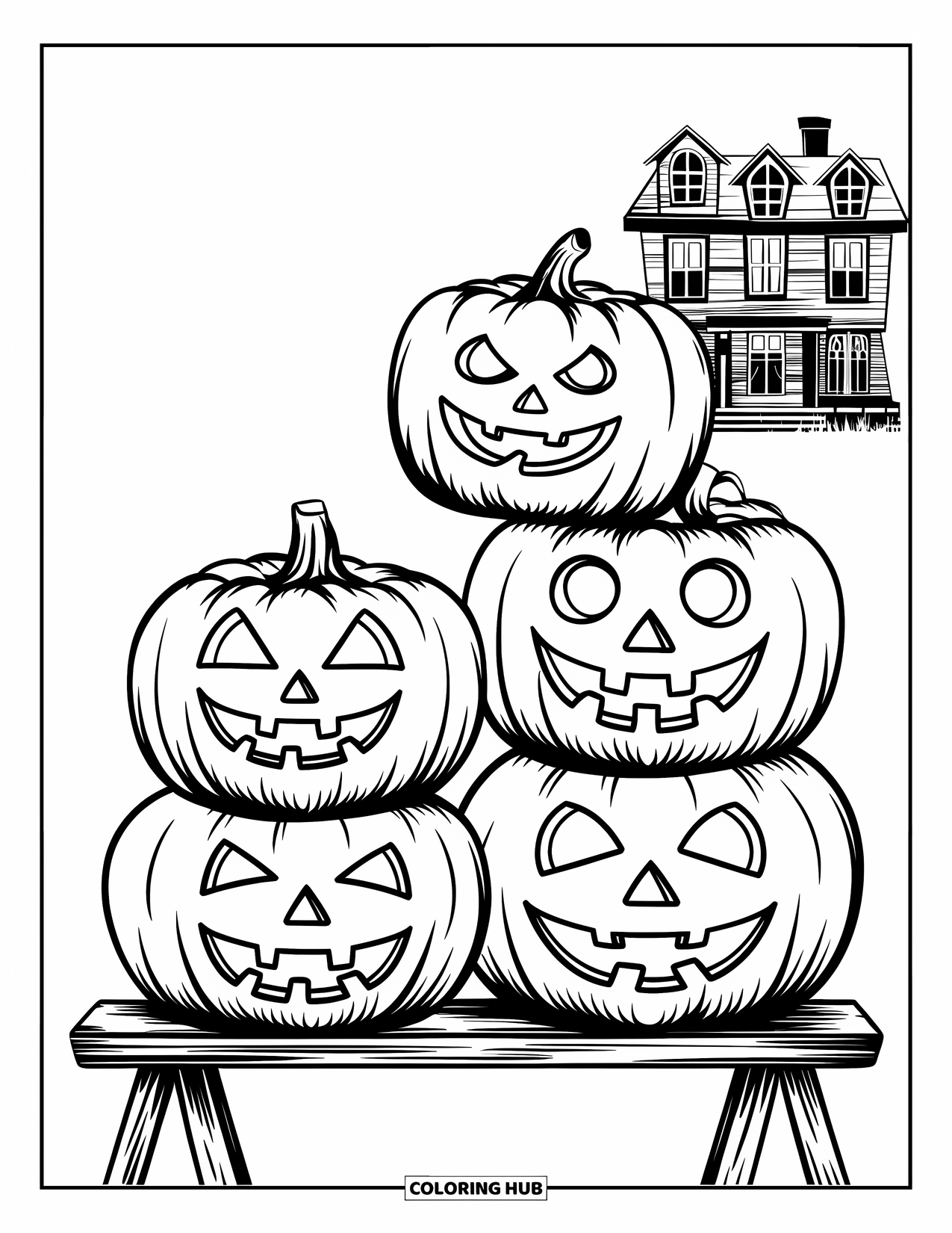 Vintage Halloween Coloring Page for Kids: Jack-o'-lanterns stacked on a ladder beside a haunted house