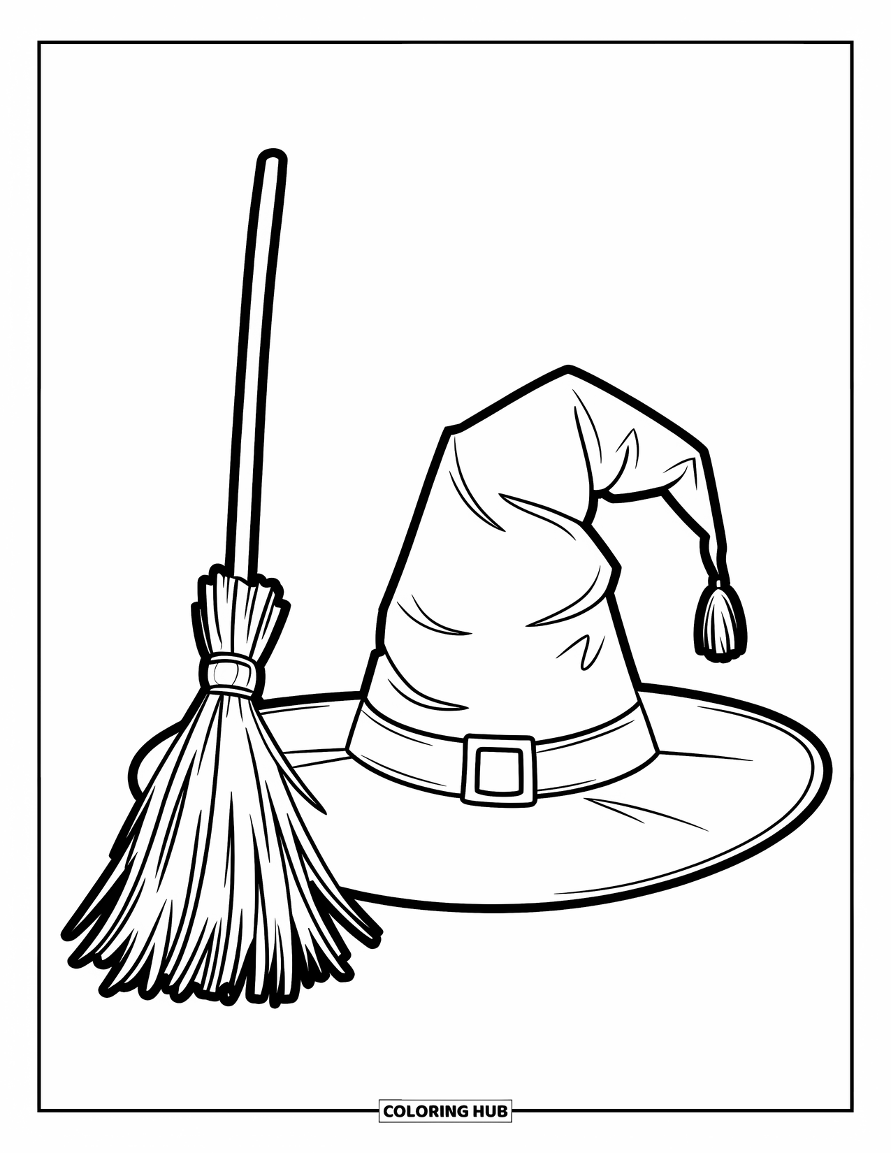 Vintage Halloween Coloring Page for Kids: Large witch hat with tassel rests beside a broomstick