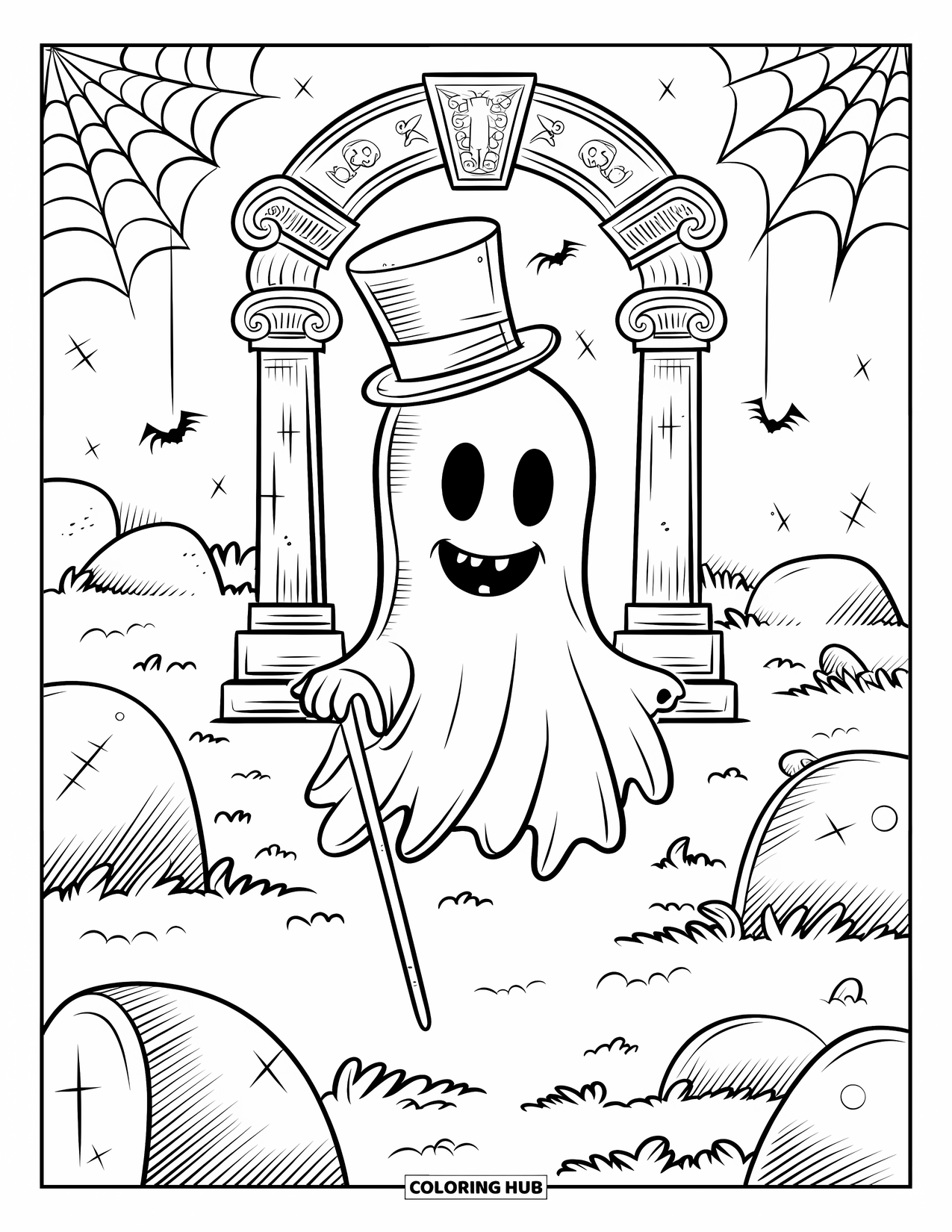 Vintage Halloween Coloring Page for Kids: Mischievous ghost in a suit grins near mossy bones and an ornate arch