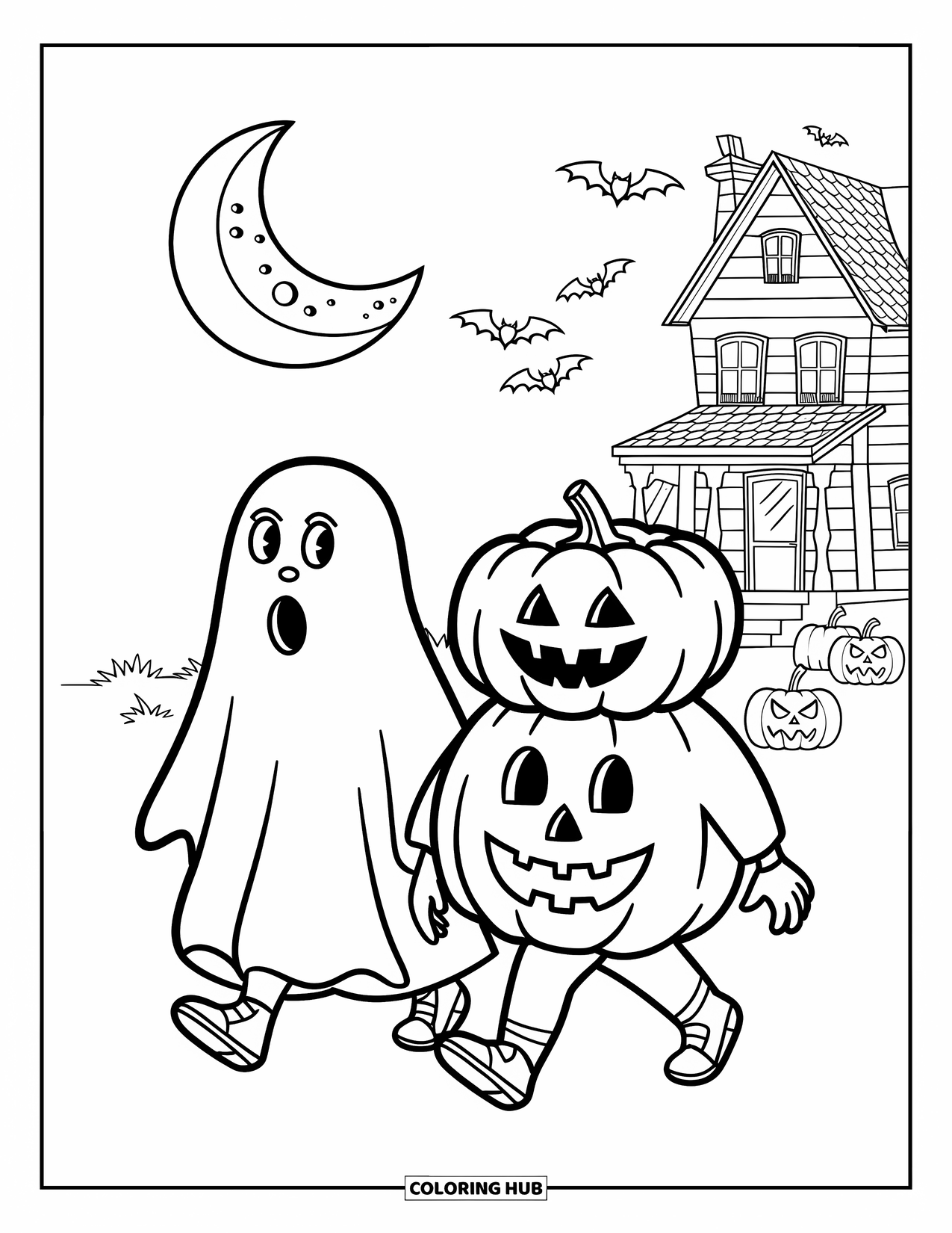 Vintage Halloween Coloring Page for Kids: Pumpkin and ghost kids walk under moonlight past a haunted home