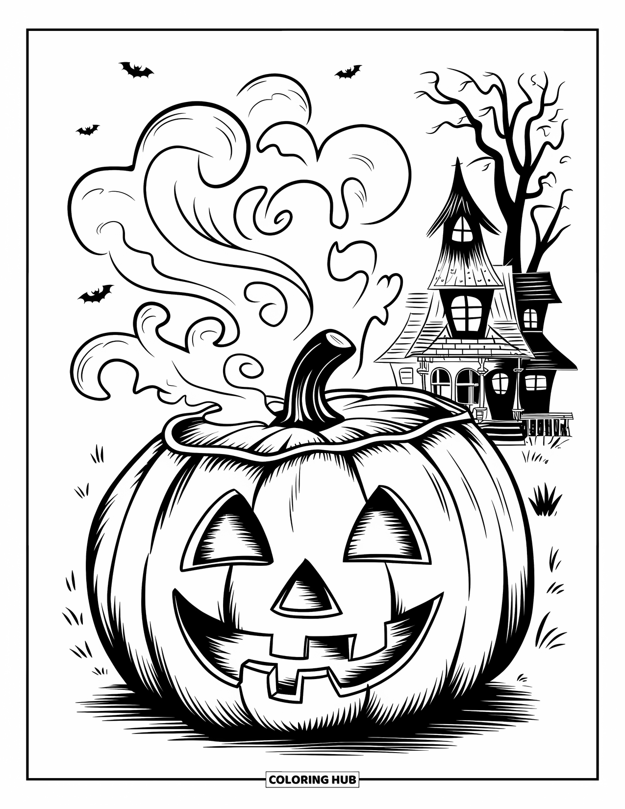 Vintage Halloween Coloring Page for Kids: Pumpkin releases swirling steam beside a haunted house and eerie trees