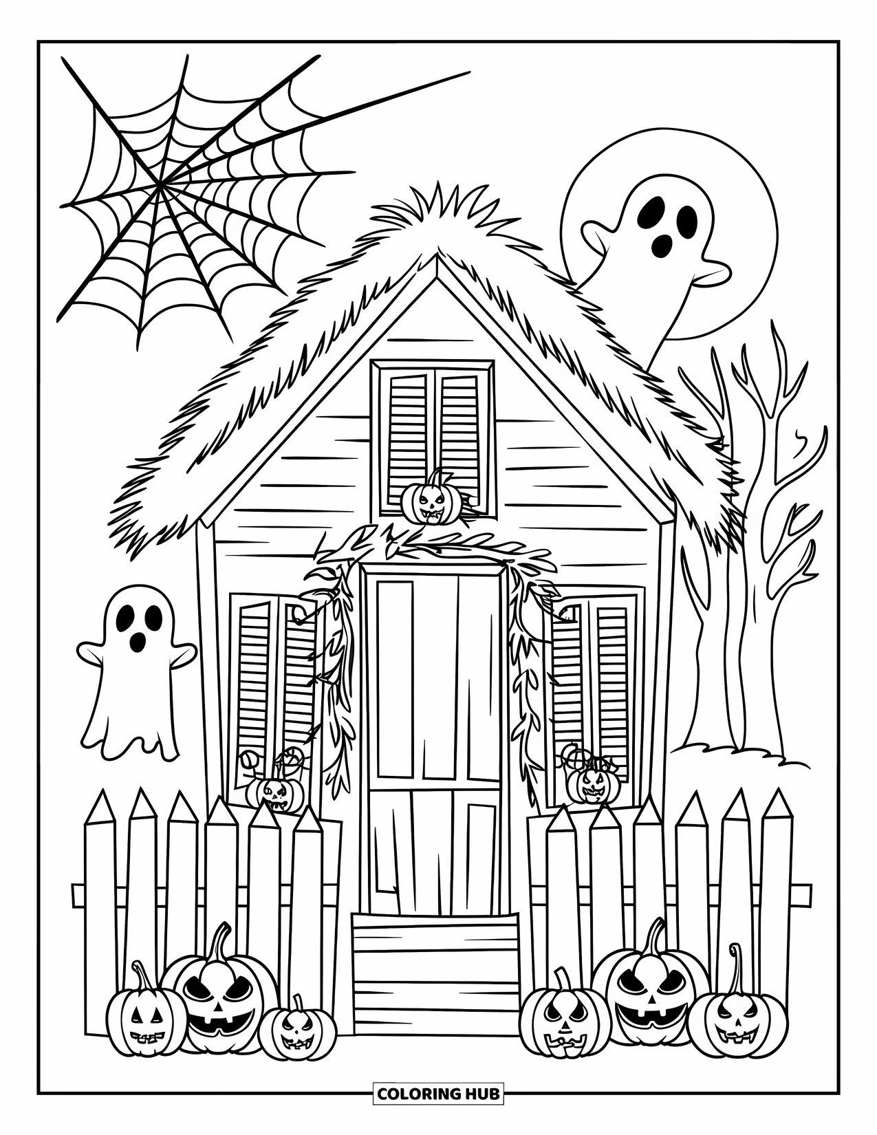Vintage Halloween Coloring Page for Kids: Pumpkins and ghosts surround a haunted house with a thatched roof and fence