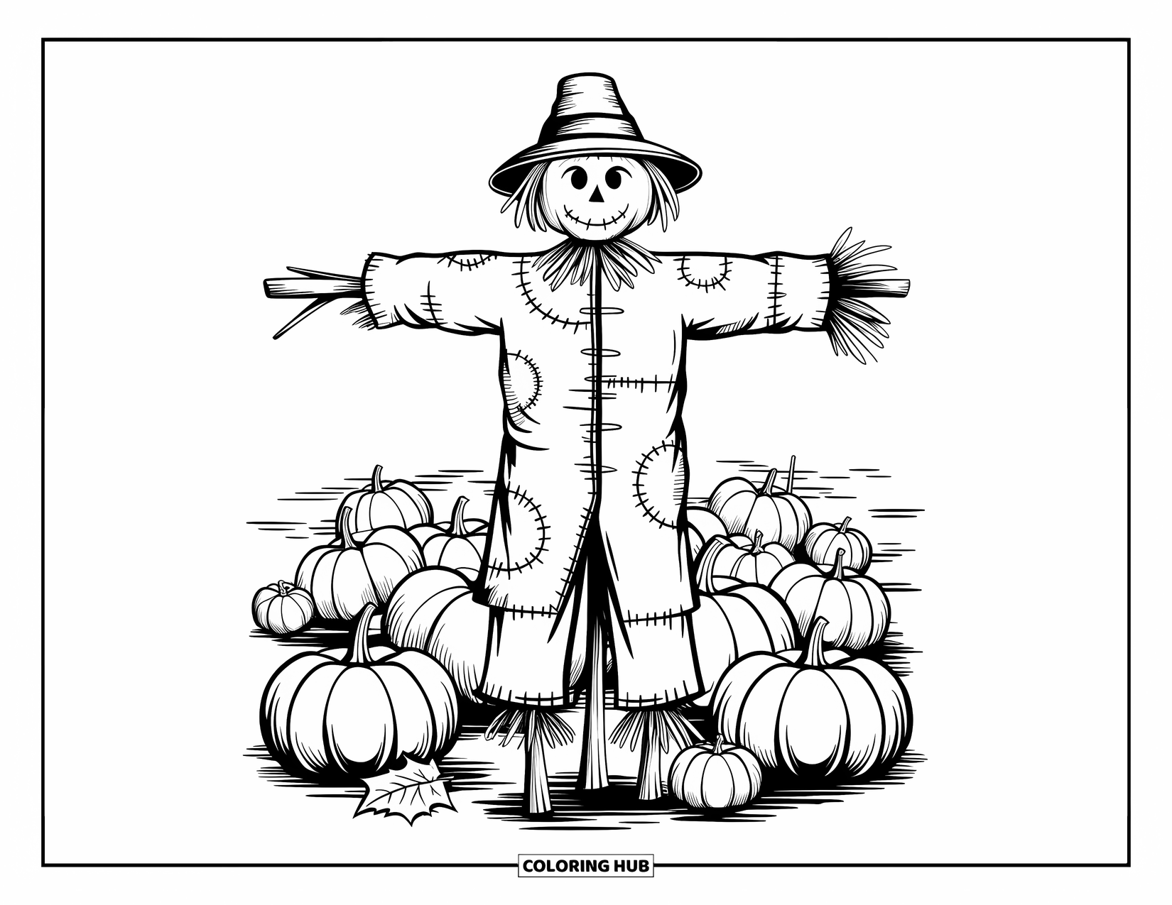 Vintage Halloween Coloring Page for Kids: Scarecrow in a patchy coat stands in a pumpkin field