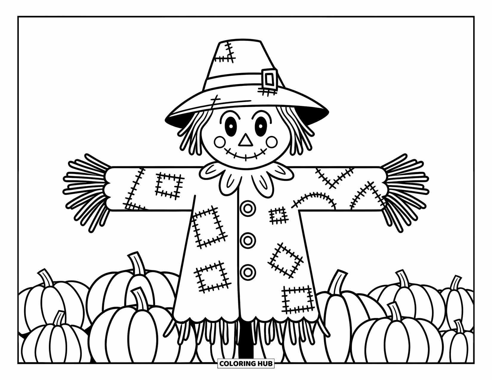 Vintage Halloween Coloring Page for Kids: Scarecrow in a worn coat stands with arms out in the pumpkin patch