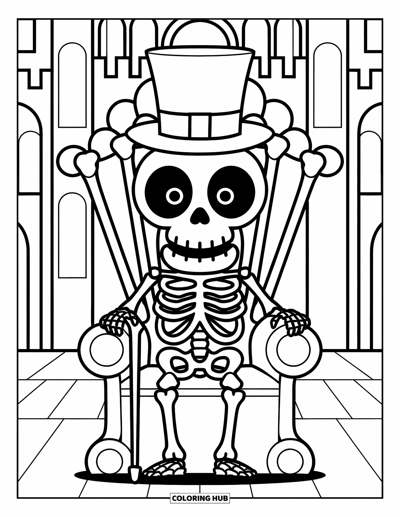 Vintage Halloween Coloring Page for Kids: Skeleton in a top hat sits on a throne of bones near a castle