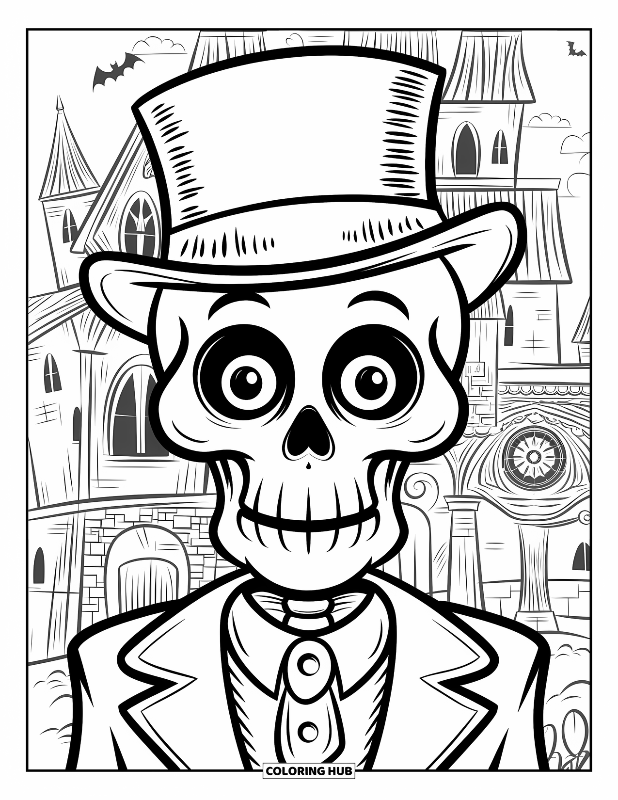 Vintage Halloween Coloring Page for Kids: Skeleton with a collar and wide eyes stands by a spooky castle