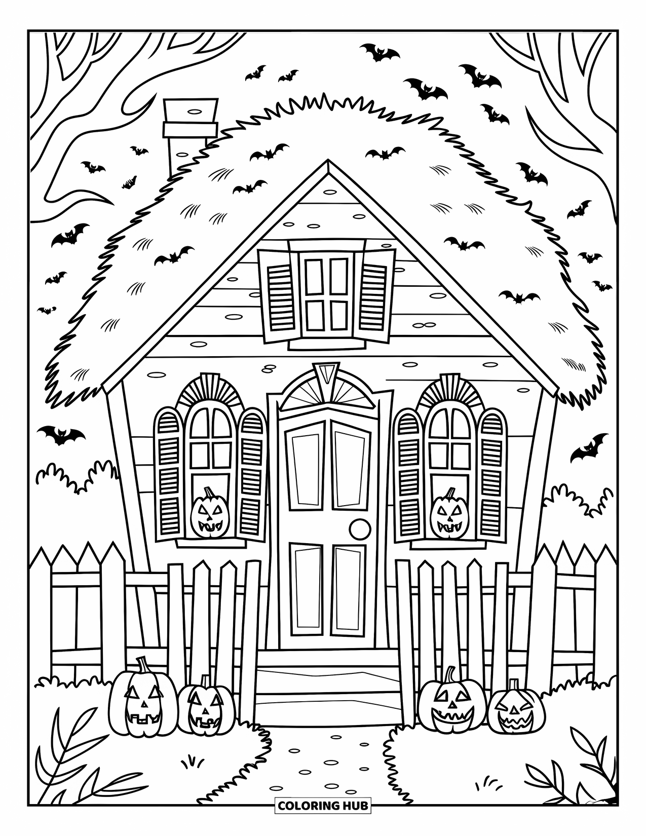 Vintage Halloween Coloring Page for Kids: Small haunted house with bats and jack-o'-lanterns glows near trees and a path