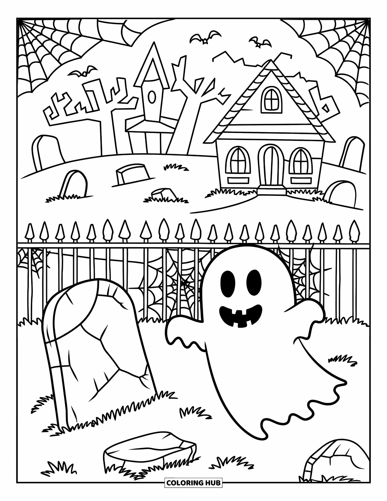 Vintage Halloween Coloring Page for Kids: Smiling ghost floats in a graveyard with cobwebs and spooky arches