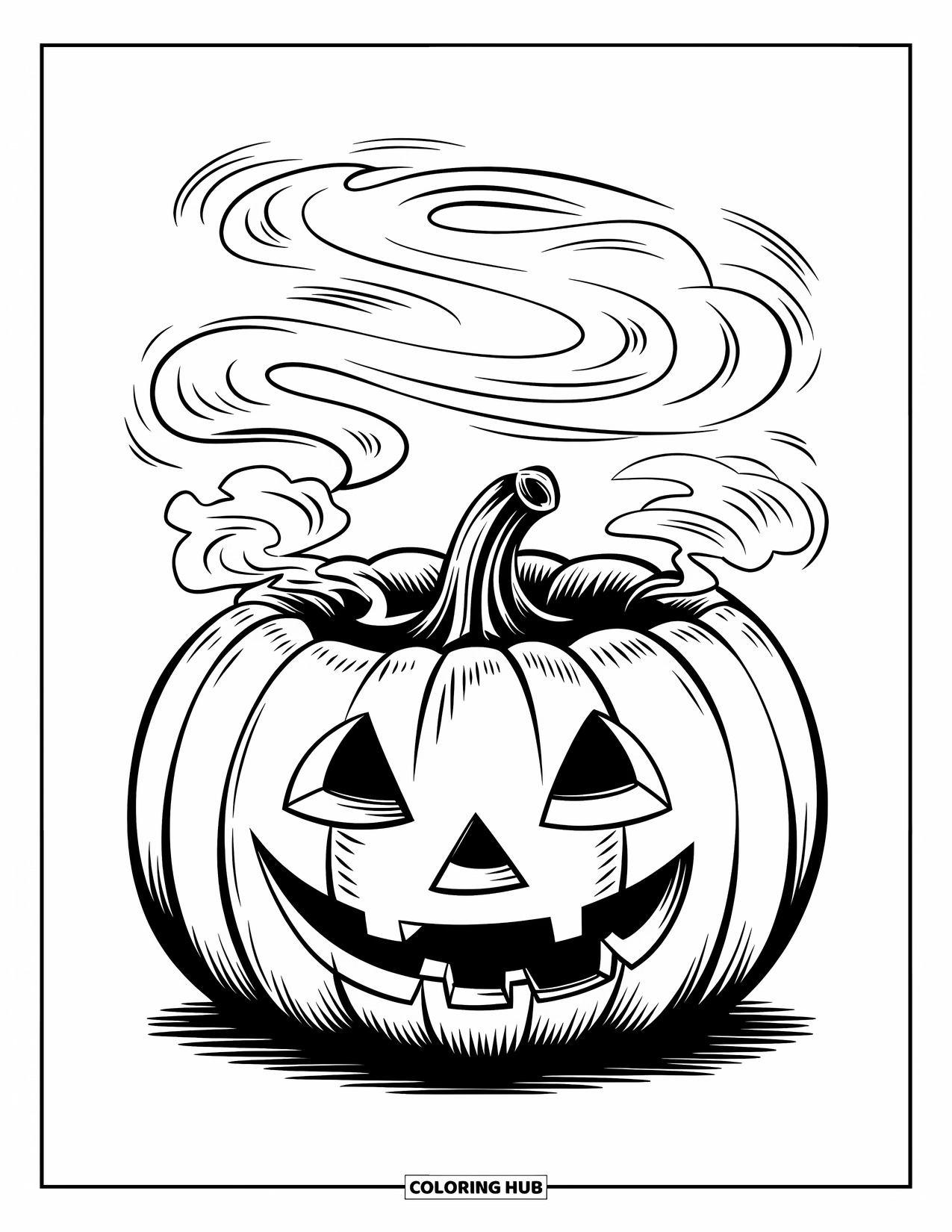 Vintage Halloween Coloring Page for Kids: Smiling pumpkin lets off swirling steam like a magical spell