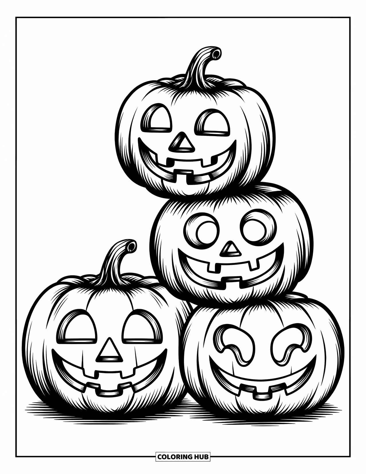 Vintage Halloween Coloring Page for Kids: Stacked pumpkins show playful expressions with stitched stems