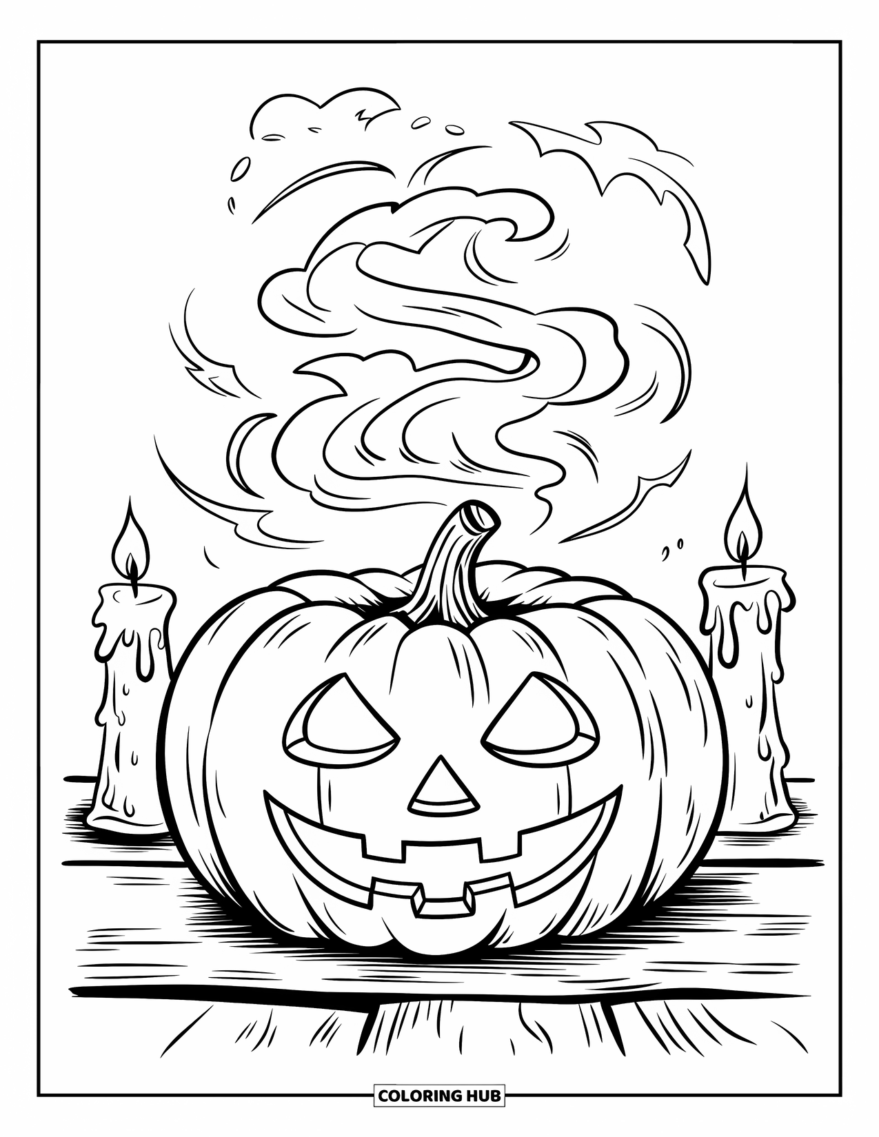 Vintage Halloween Coloring Page for Kids: Steamy pumpkin sits between candles on a spooky wooden table