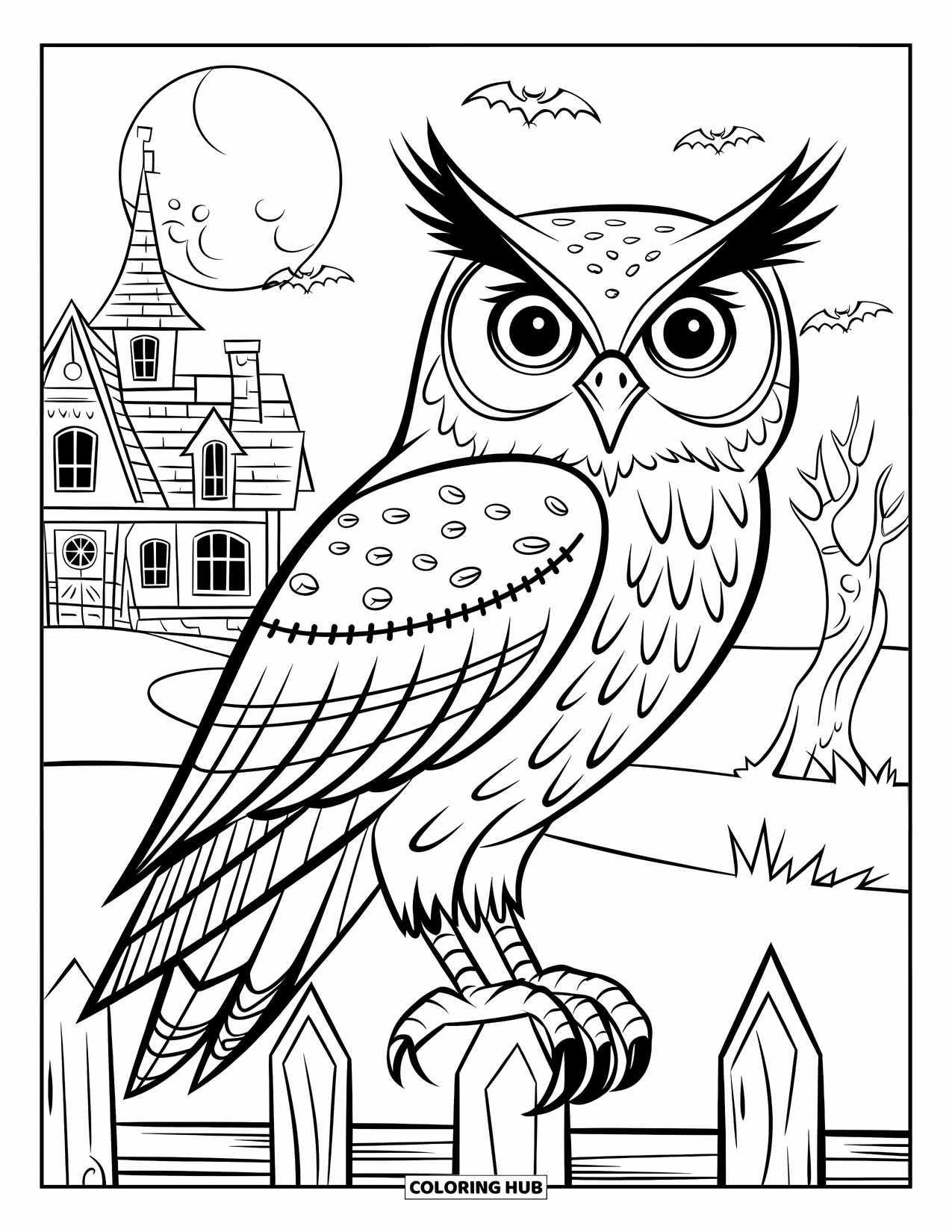 Vintage Halloween Coloring Page for Kids: Tall owl in a hat watches from a fence near a haunted house