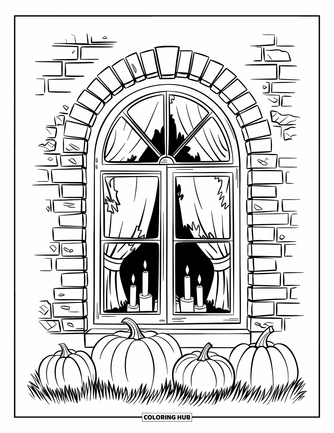 Vintage Halloween Coloring Page for Kids: Three glowing pumpkins sit near a cracked brick wall under a dark sky
