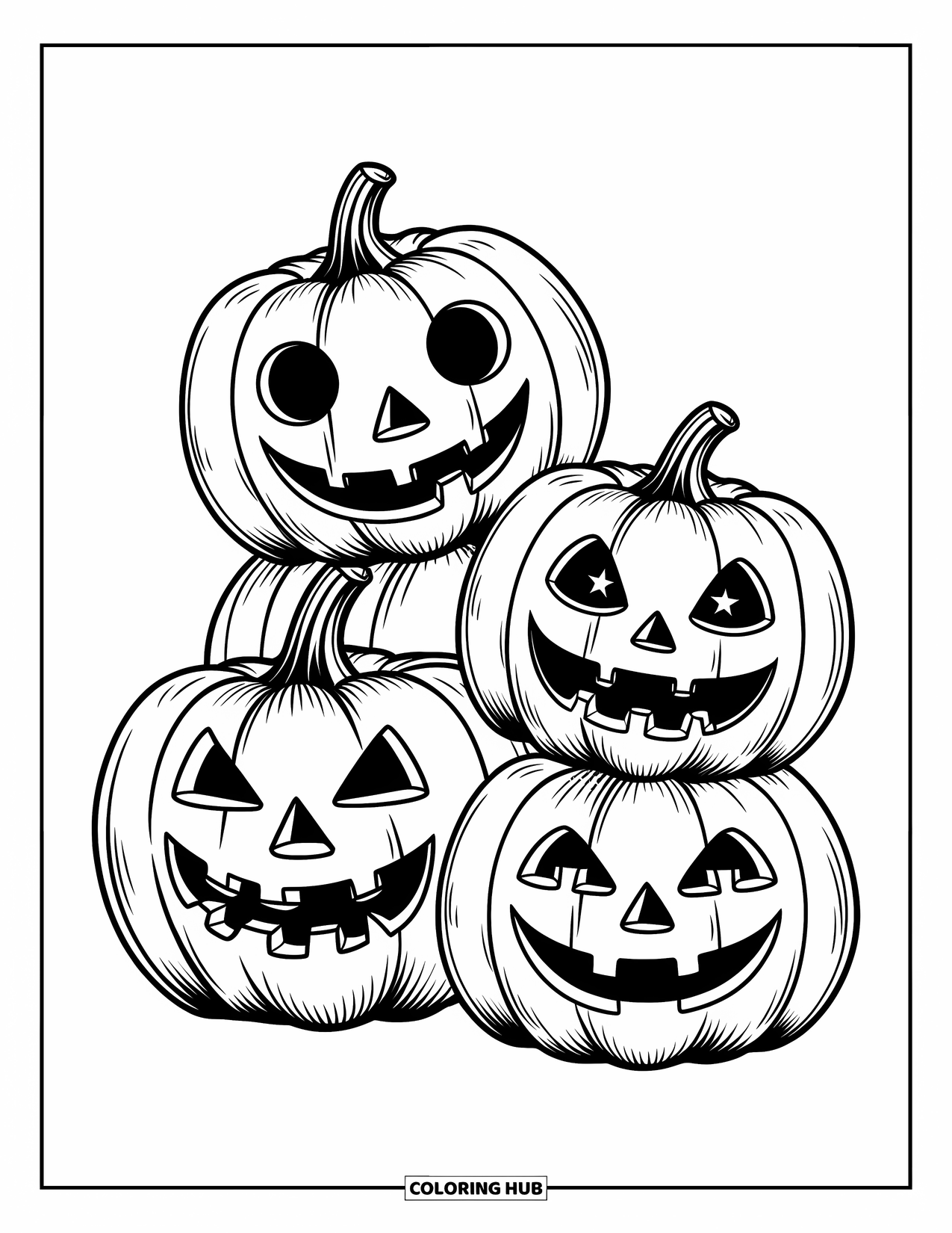 Vintage Halloween Coloring Page for Kids: Three stacked jack-o'-lanterns show happy, scared, and frowning faces