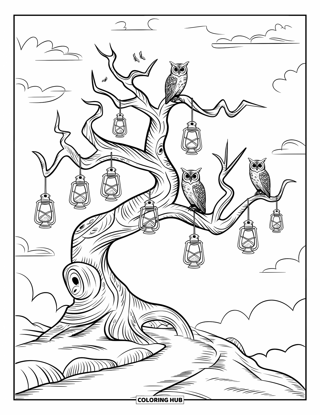 Vintage Halloween Coloring Page for Kids: Twisted tree with lanterns and owls stands on rocky ground under a dark sky