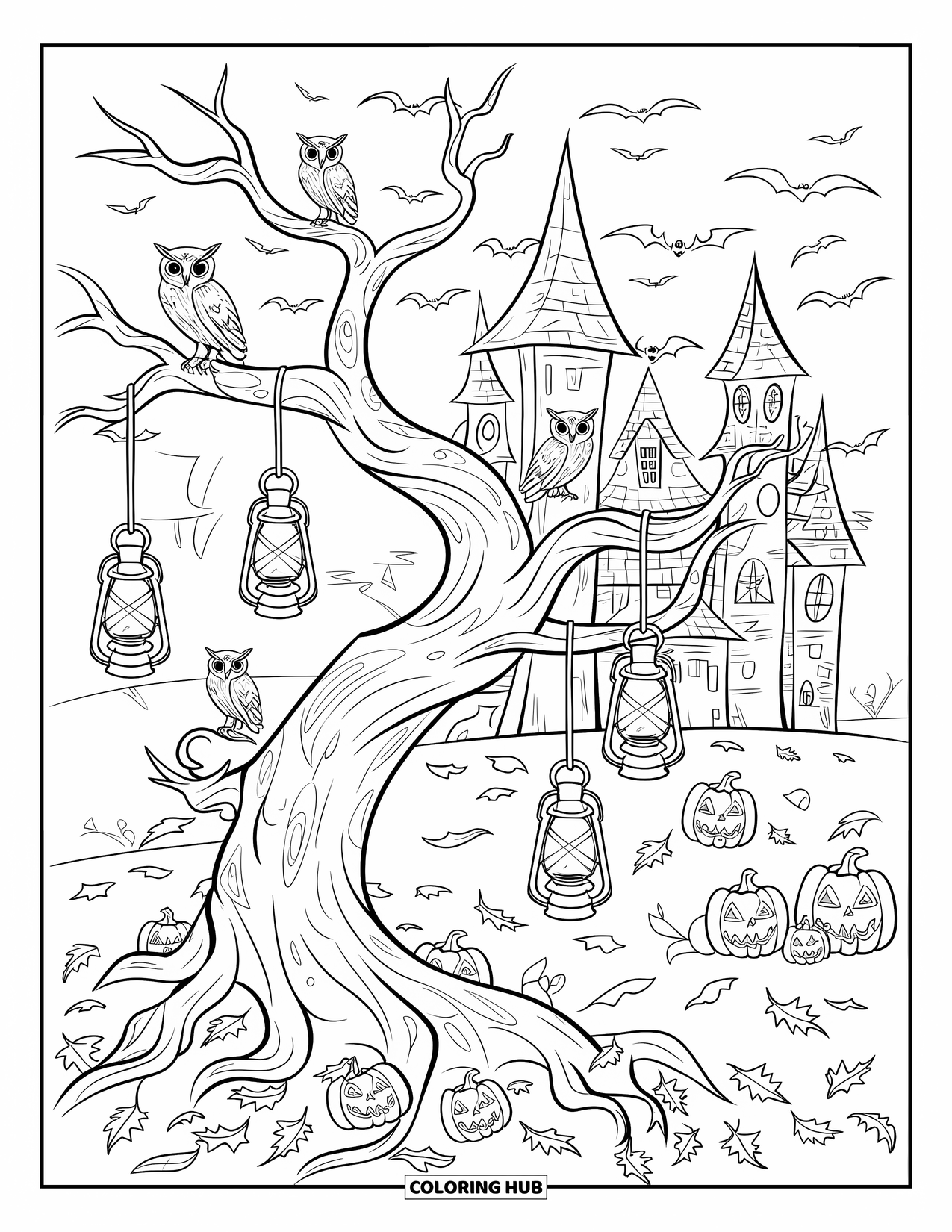 Vintage Halloween Coloring Page for Kids: Twisted tree with pumpkins and lanterns stands by a haunted castle