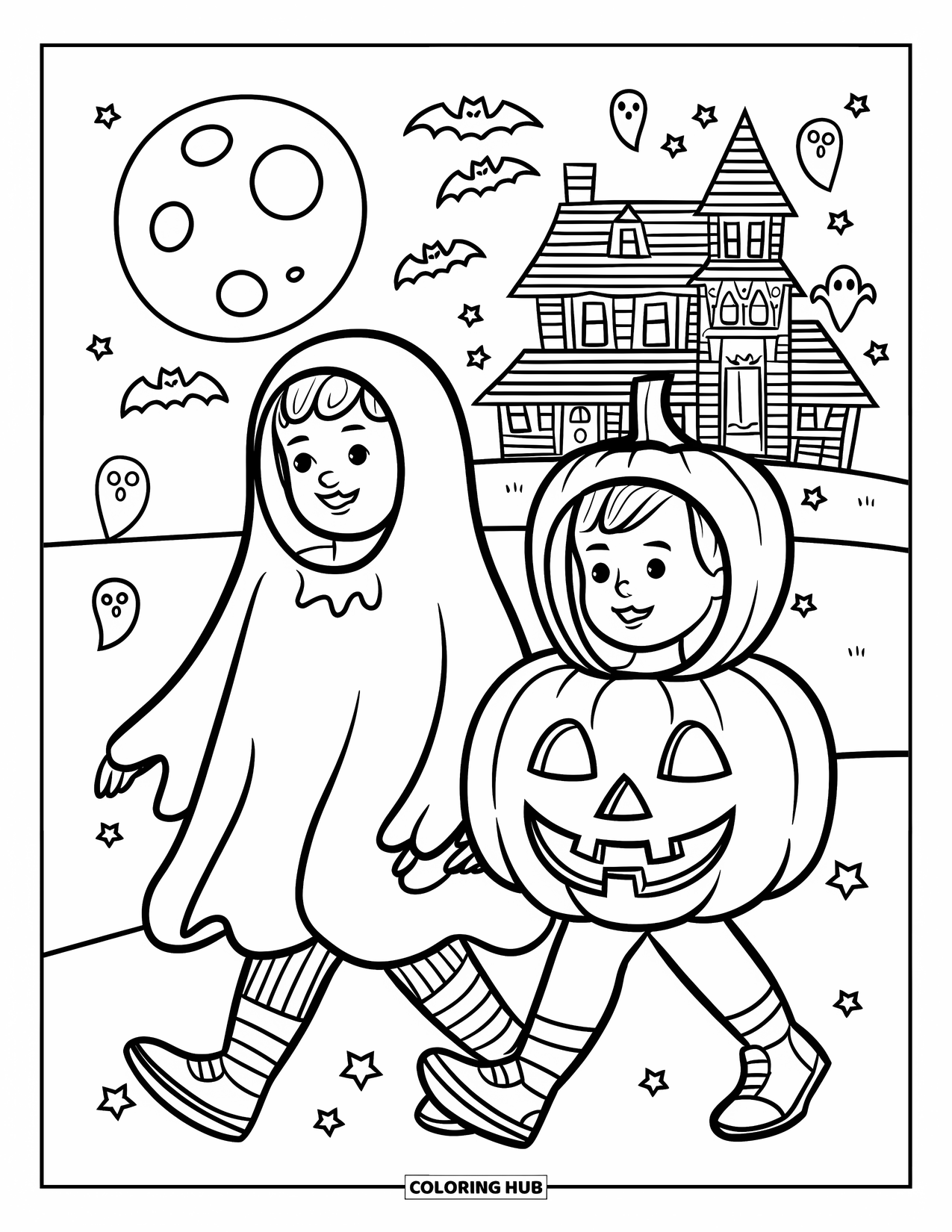 Vintage Halloween Coloring Page for Kids: Two trick-or-treaters in ghost and pumpkin costumes walk under a full moon