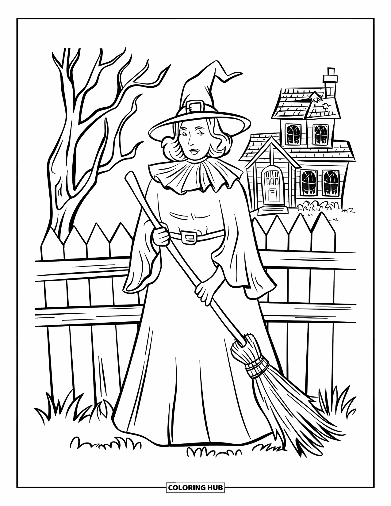 Vintage Halloween Coloring Page for Kids: Witch with a broom stands by a crooked fence and spooky trees