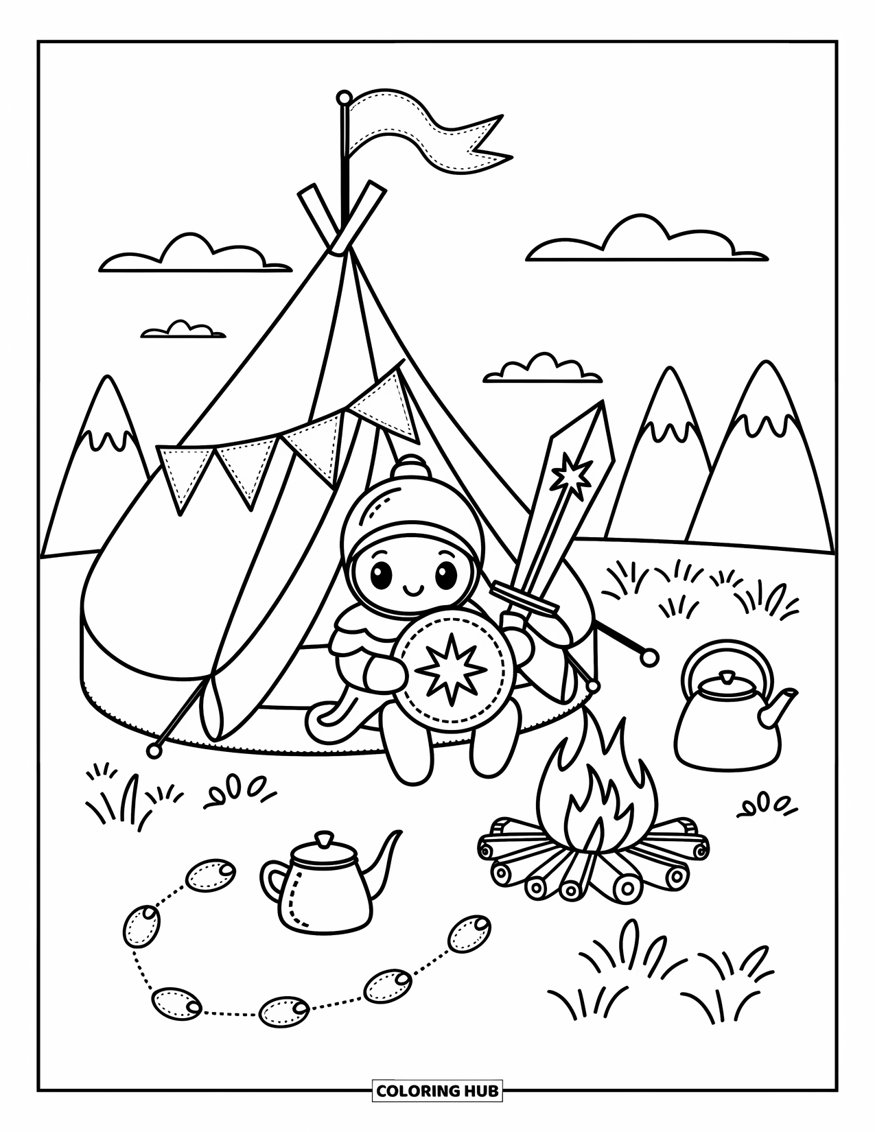 Warrior Coloring Page for Adults: A cozy knight camp features a puffy shield, campfire stew, and a starry tent