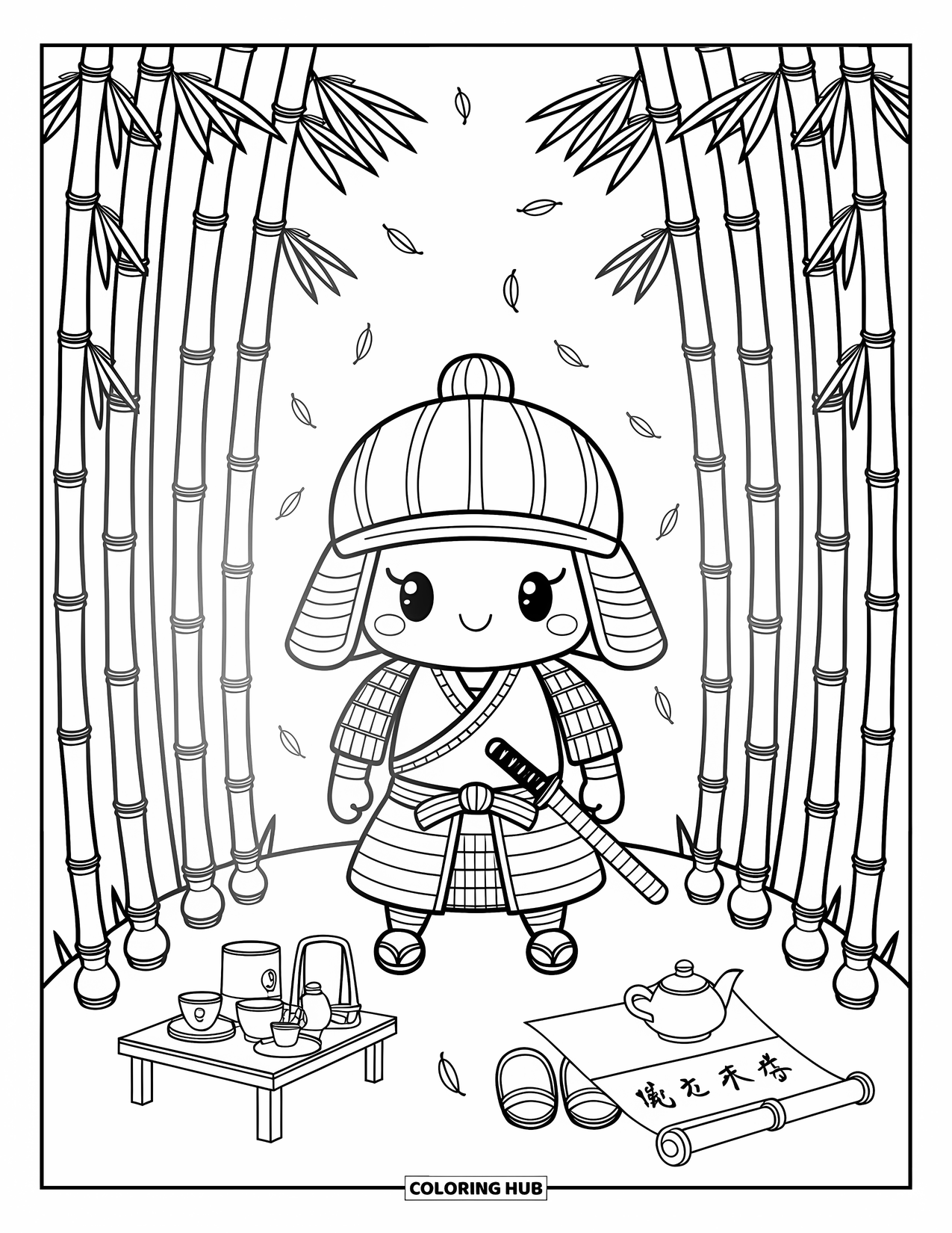 Warrior Coloring Page for Adults: A cute samurai stands in a bamboo grove near tea, sandals, and falling leaves