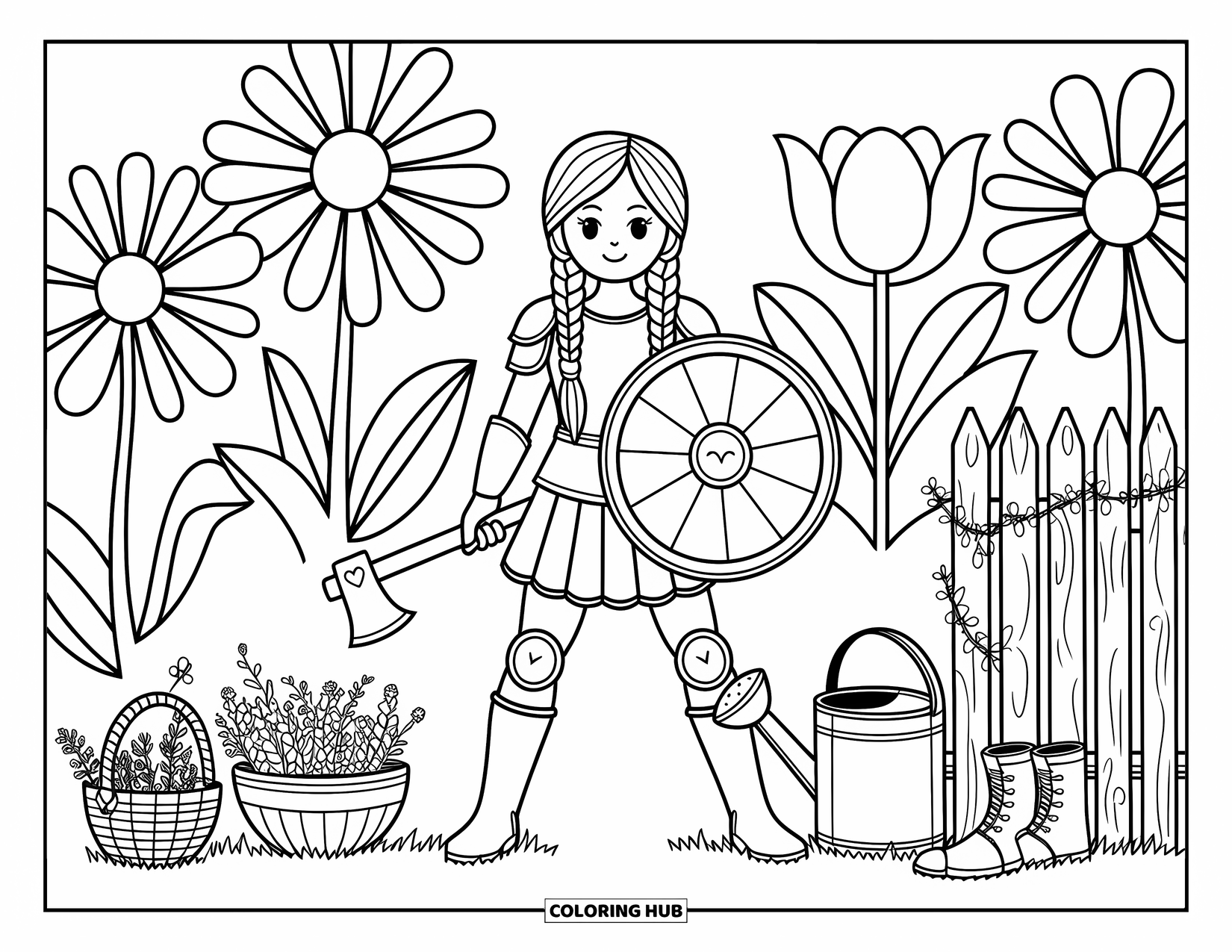 Warrior Coloring Page for Adults: A kind warrior with braids guards a garden filled with tulips, daisies, and tiny treasures