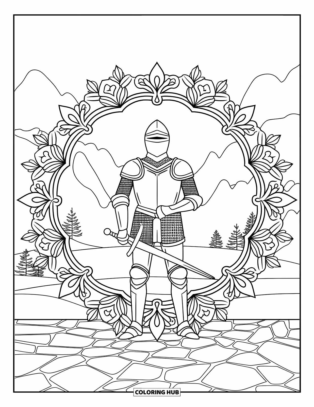 Warrior Coloring Page for Adults: A knight stands on stone ground framed by flowers and mountains under a clear sky