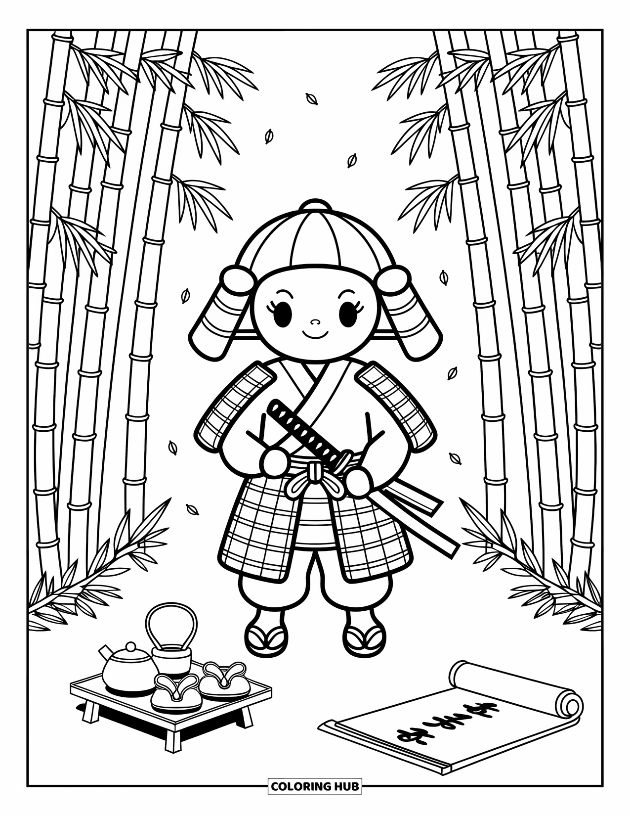 Warrior Coloring Page for Adults: A peaceful samurai rests in a lantern-lit grove with tea, scrolls, and bamboo shadows