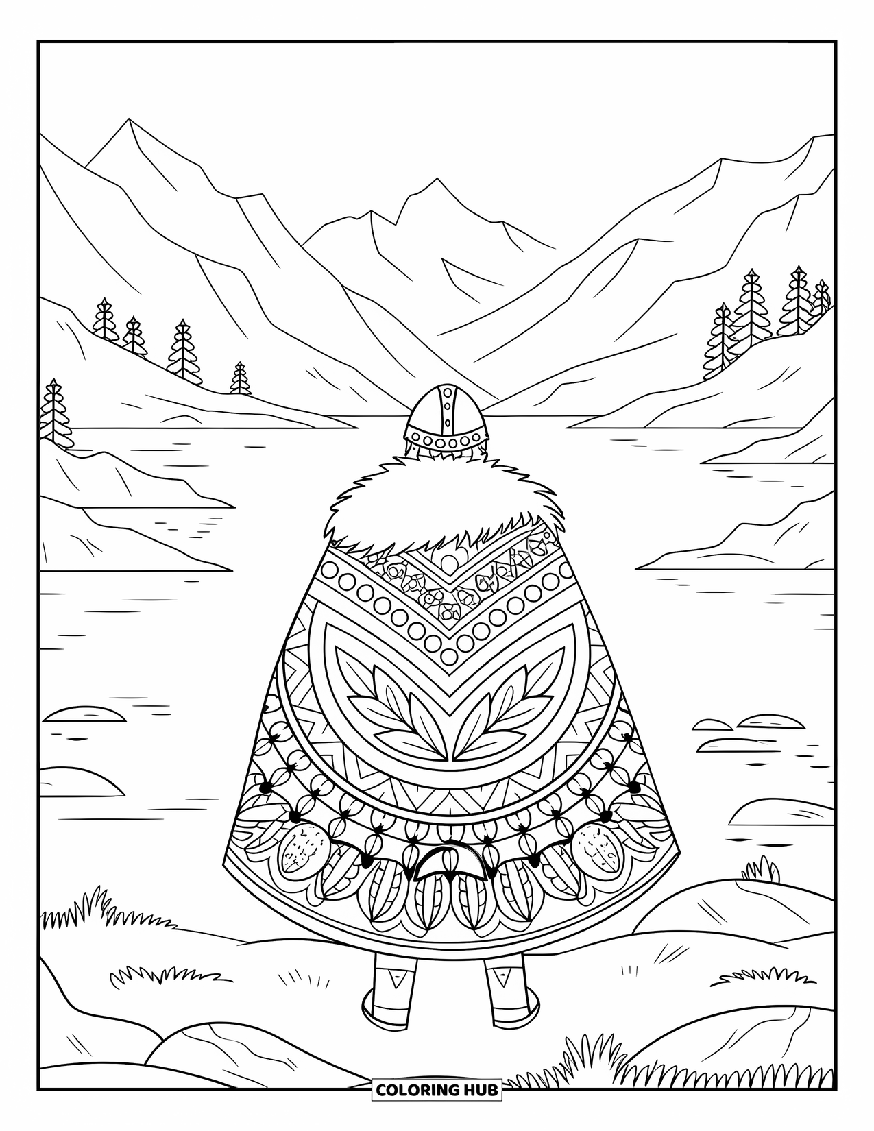 Warrior Coloring Page for Adults: A peaceful Viking stands in a rocky field bordered by calm water and floral designs