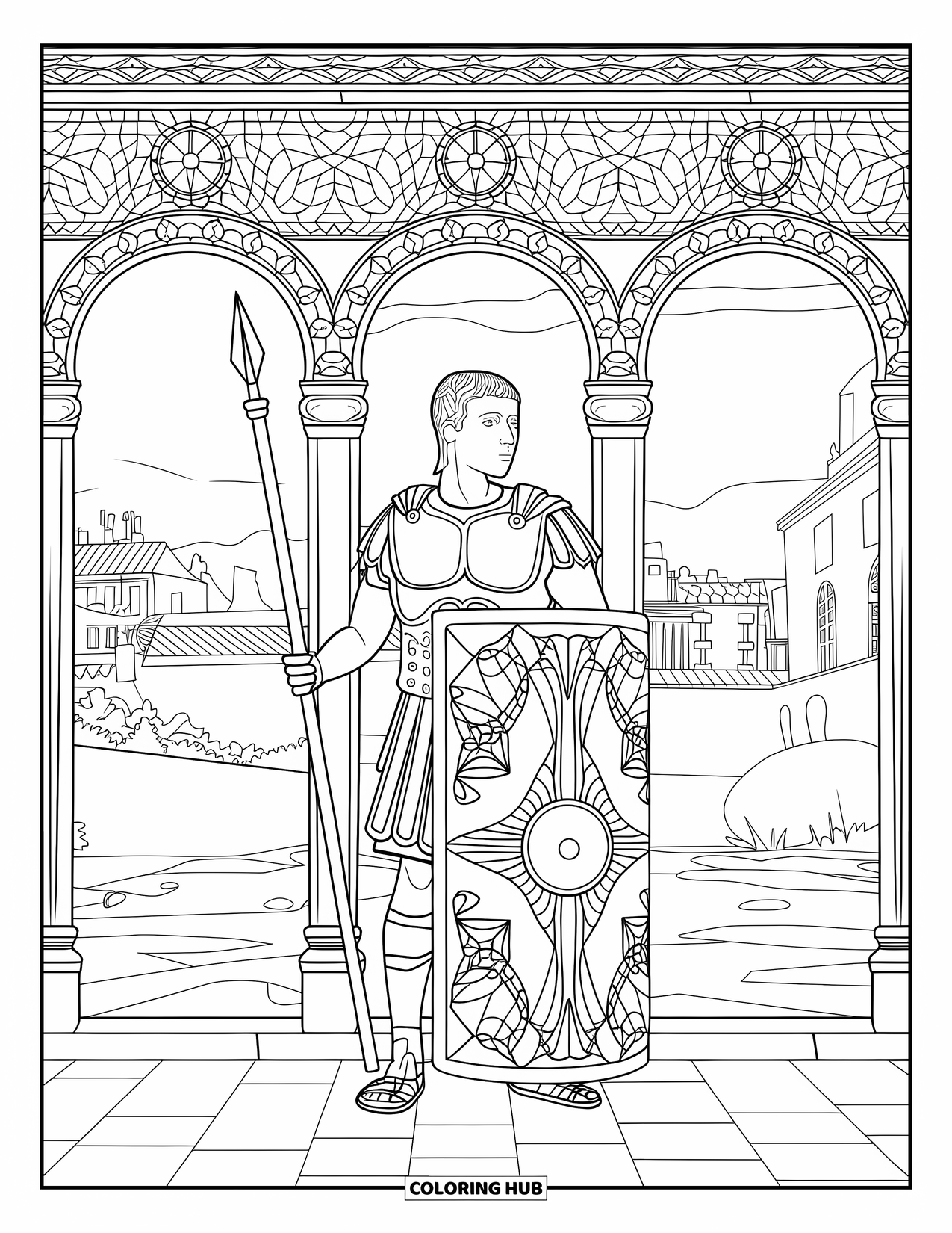 Warrior Coloring Page for Adults: A Roman centurion stands in a patterned courtyard surrounded by stained glass and city views
