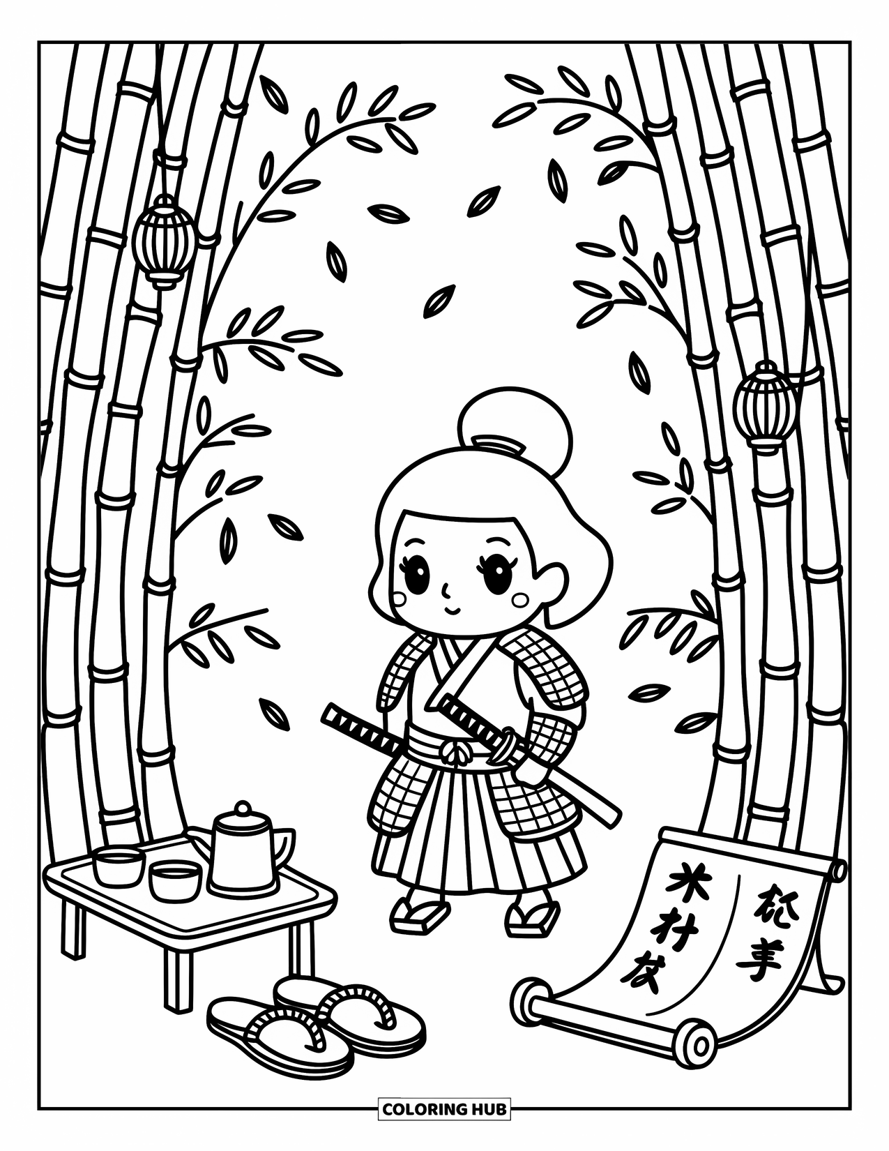 Warrior Coloring Page for Adults: A small samurai pauses in the bamboo, surrounded by calm light and quiet details