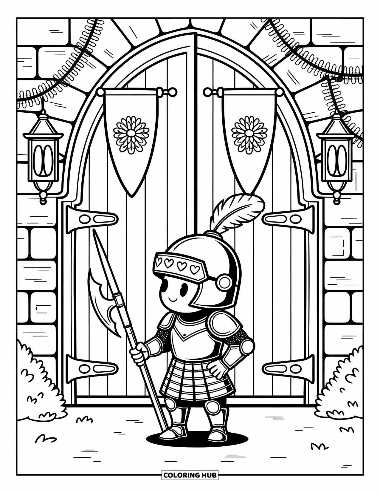 Warrior Coloring Page for Adults: A sweet knight stands at a castle gate, holding a halberd taller than themselves