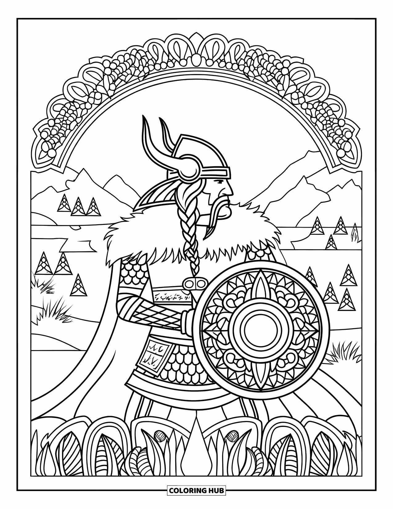 Warrior Coloring Page for Adults: A Viking in a fur cloak holds a sword and shield near calm mountains and water