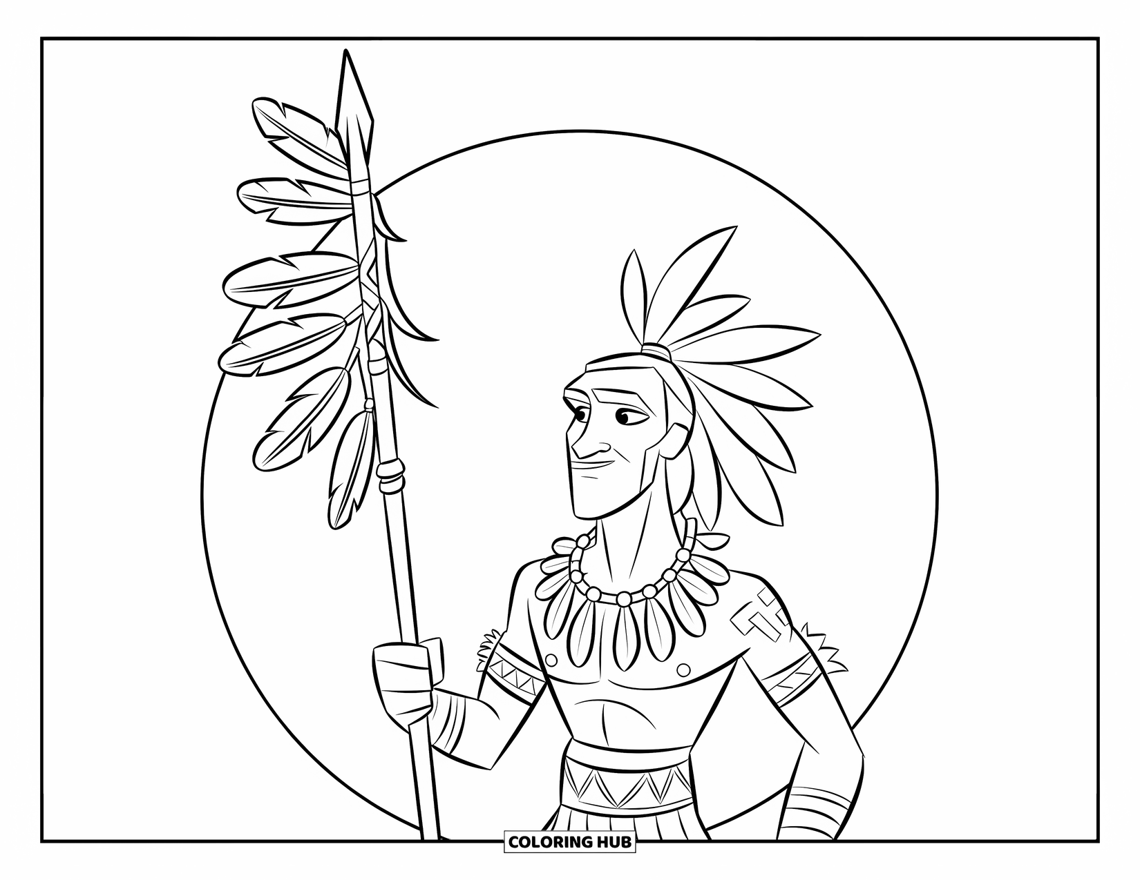 Warrior Coloring Page for Kids: A bone-necklaced warrior holds his spear inside a quiet jungle