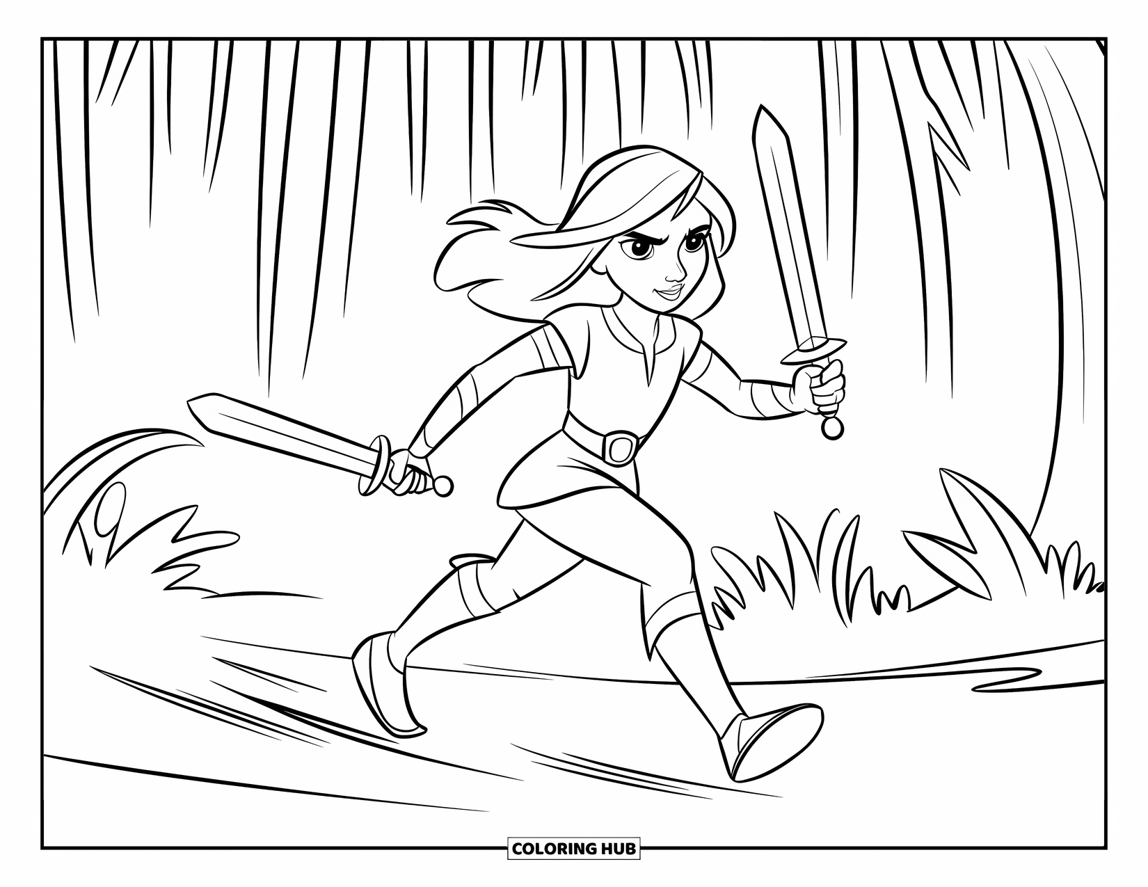 Warrior Coloring Page for Kids: A brave girl runs with swords through a jungle path