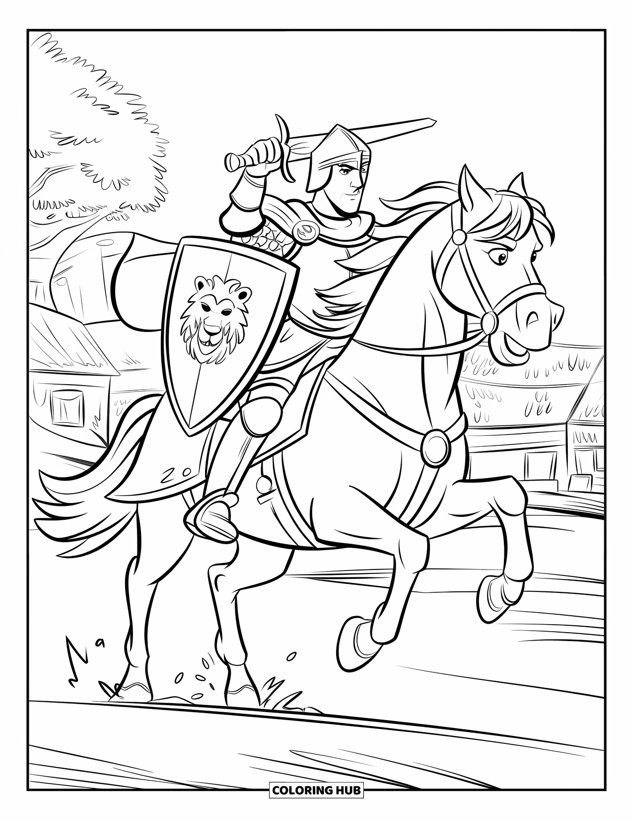 Warrior Coloring Page for Kids: A brave knight rides fast across the fields with sword drawn