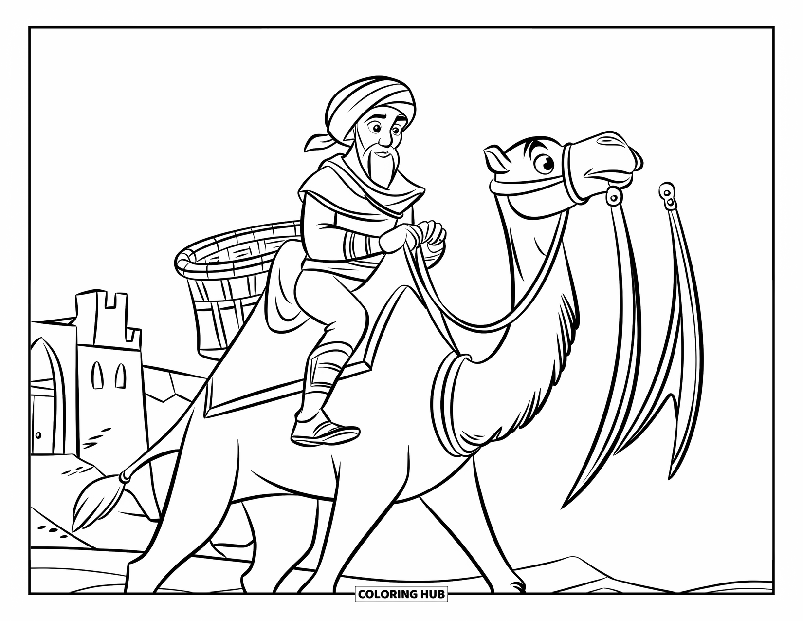 Warrior Coloring Page for Kids: A camel rider with twin blades travels through a desert with distant buildings