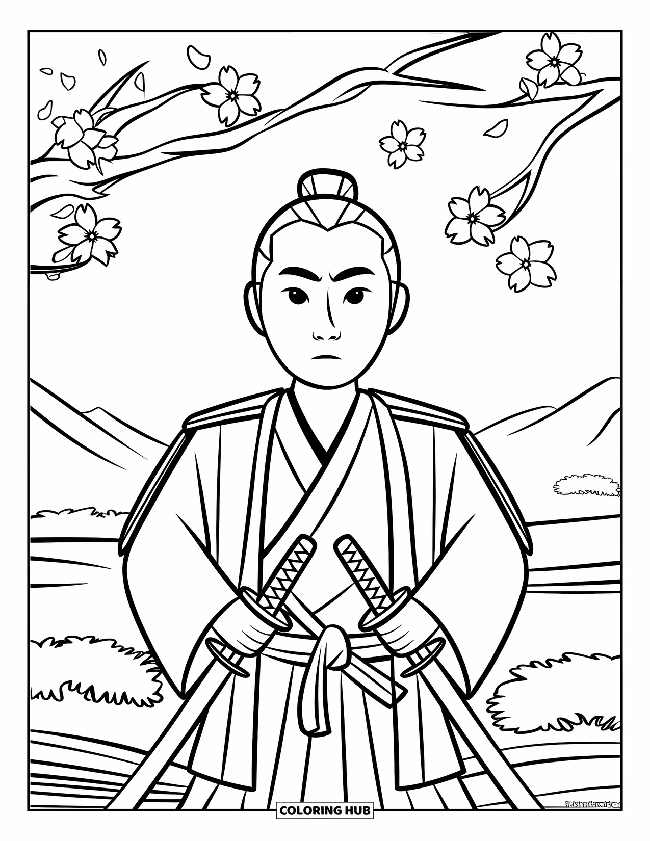 Warrior Coloring Page for Kids: A cherry blossom breeze surrounds a calm samurai in the hills