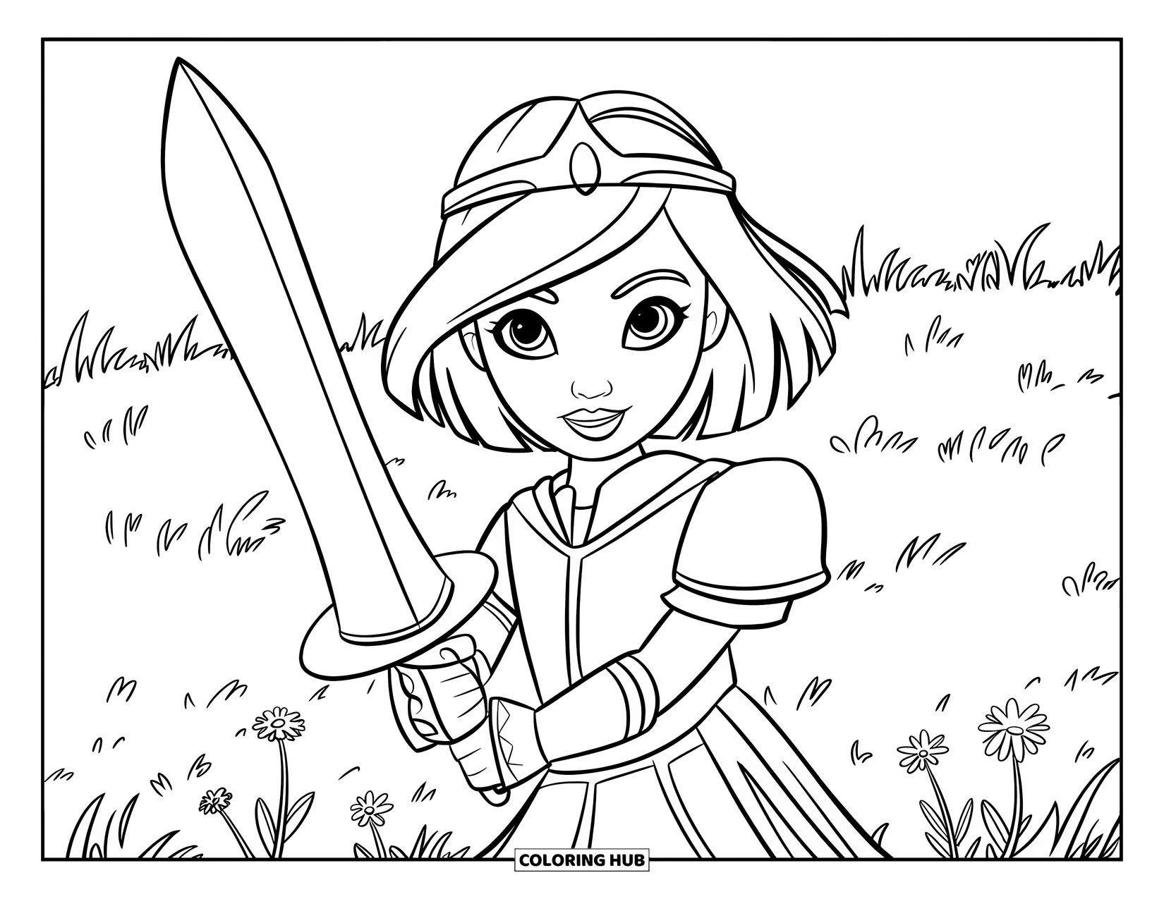 Warrior Coloring Page for Kids: A crowned warrior girl stands tall holding a wooden sword