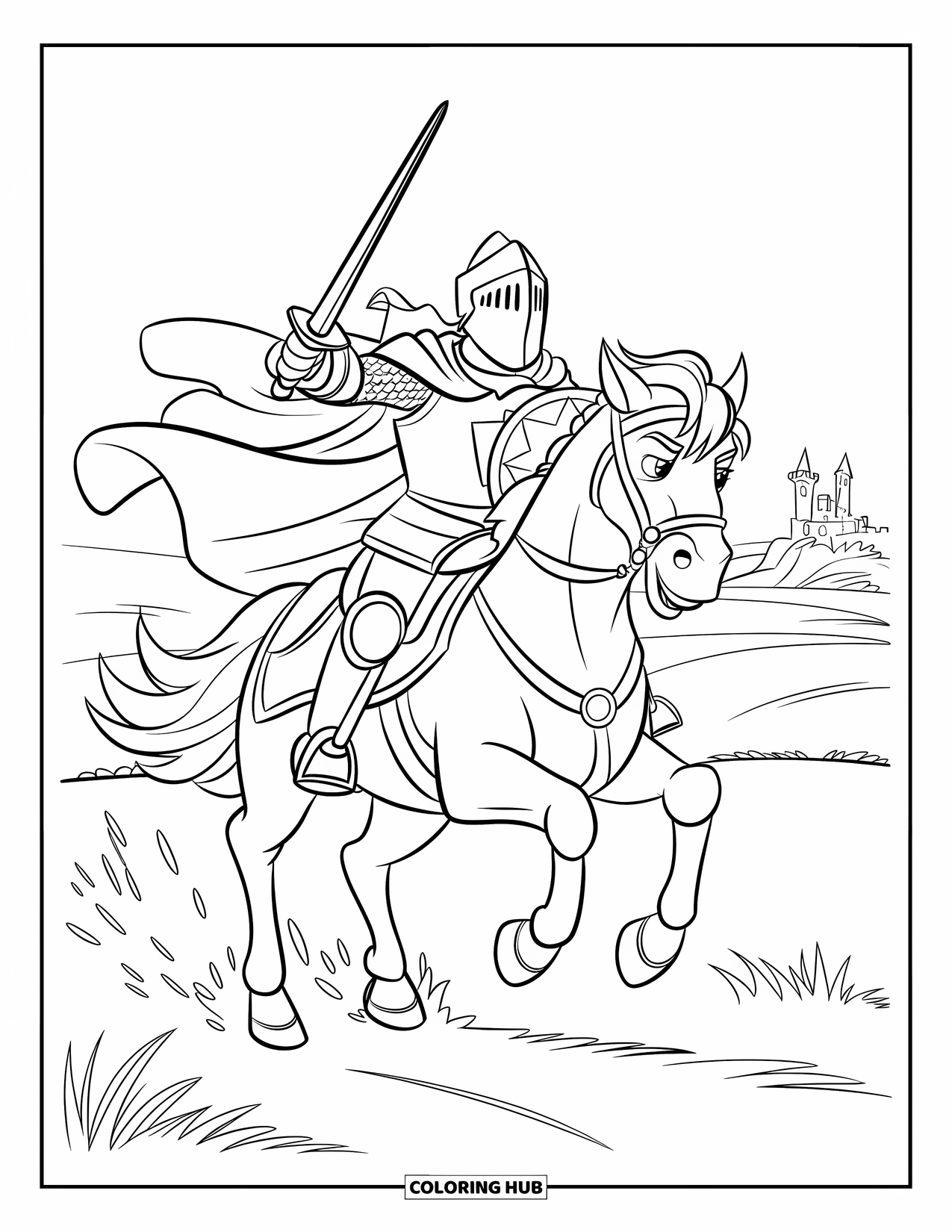 Warrior Coloring Page for Kids: A determined knight gallops ahead with a lion crest on his shield