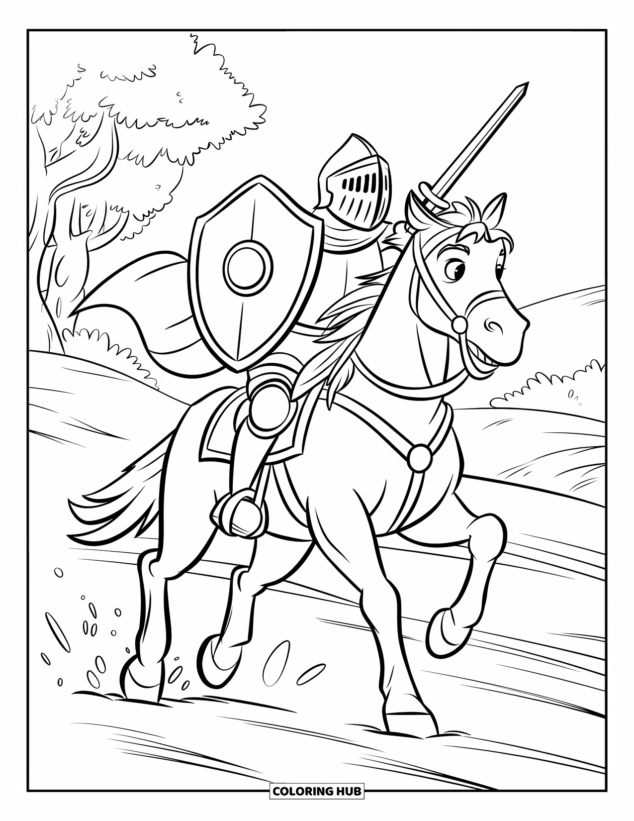 Warrior Coloring Page for Kids: A galloping knight leads with a shield under tall trees and hills