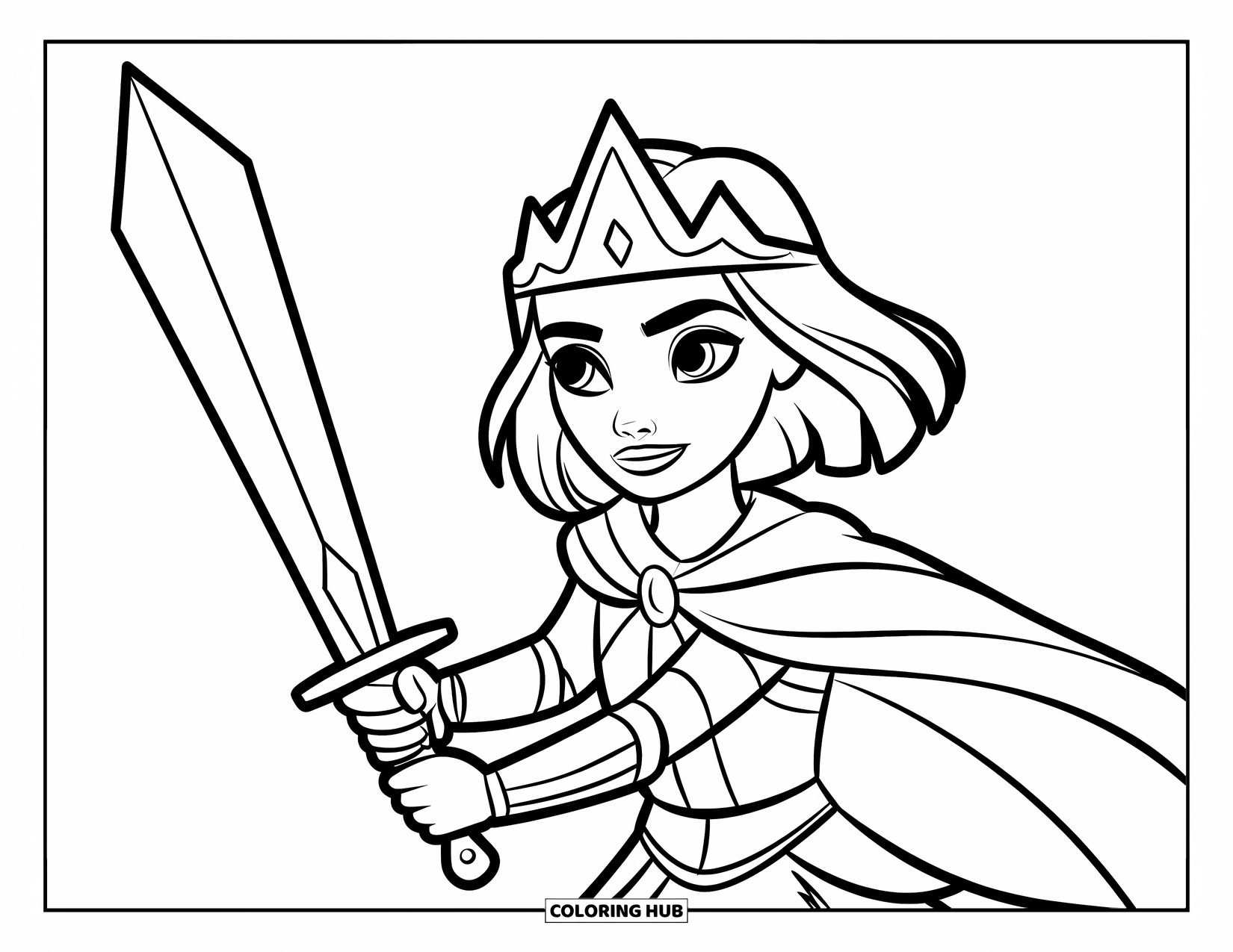 Warrior Coloring Page for Kids: A girl with a crown wields her wooden sword in open space