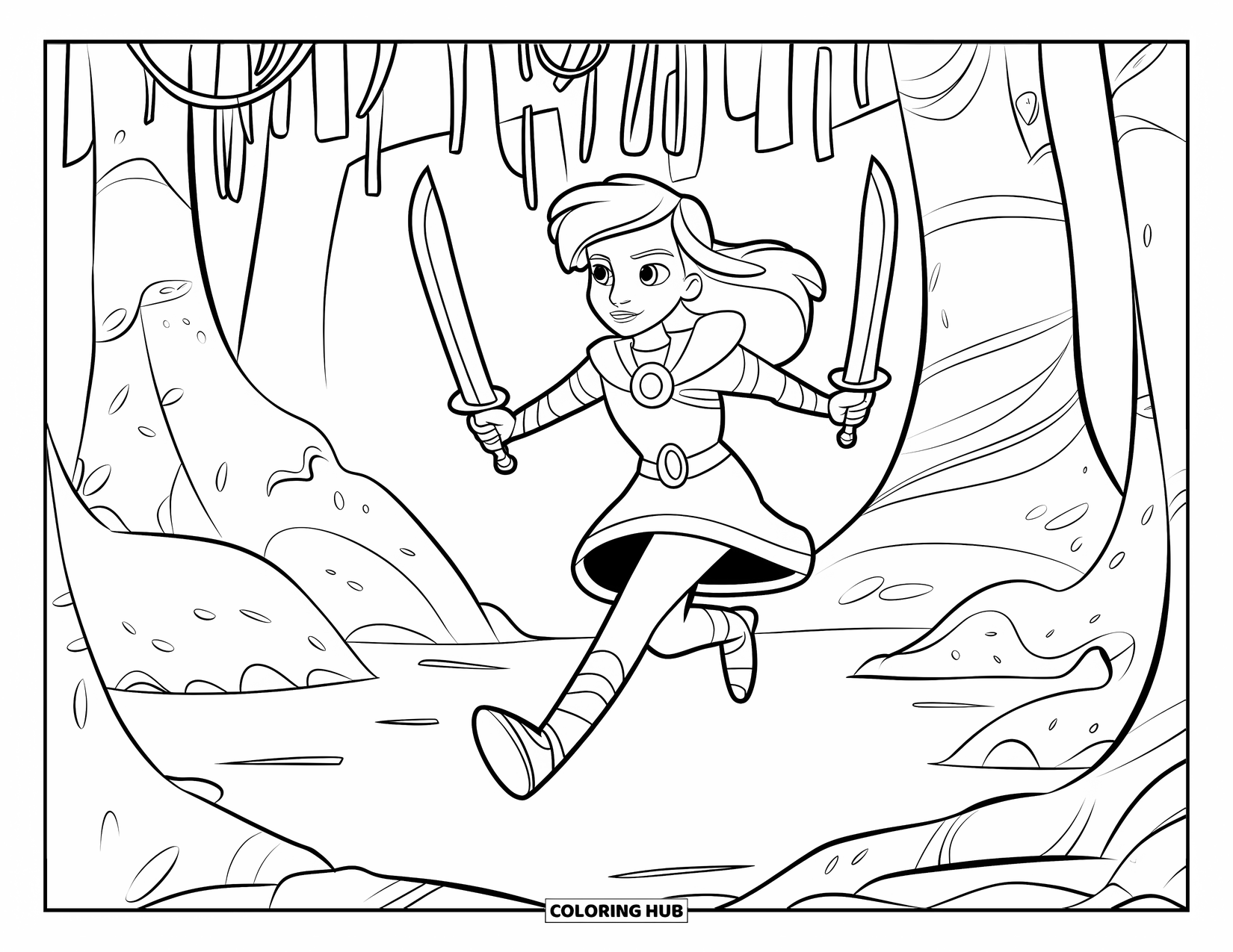 Warrior Coloring Page for Kids: A jungle warrior girl charges ahead through wild trees and rocks